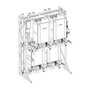 Four Noritz tankless water heater units mounted on a metal frame with manifold piping and connections.