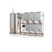 Noritz tankless water heater system with six gray units, storage tank, copper piping, and control panel mounted on white fram