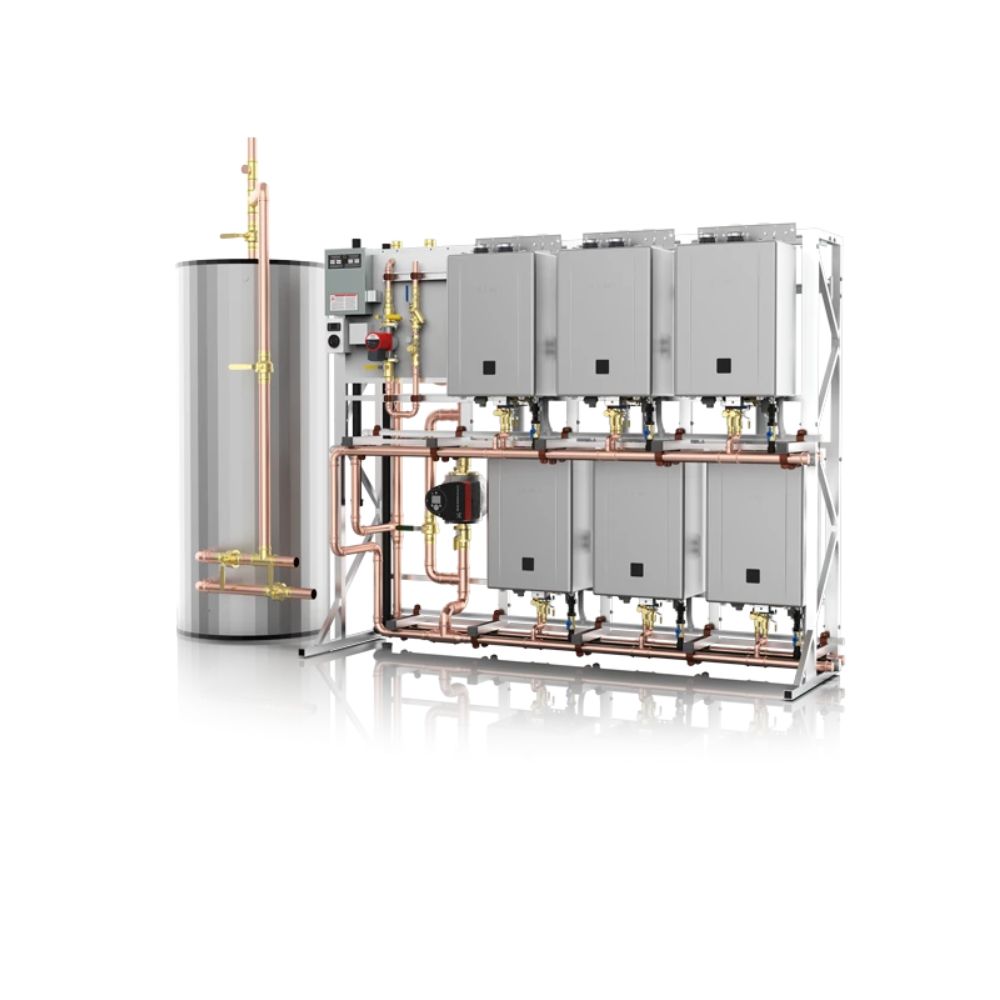 Noritz tankless water heater system with six gray units, storage tank, copper piping, and control panel mounted on white fram