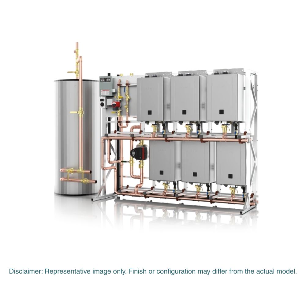 Noritz tankless water heater system with six gray units, storage tank, copper piping, and control panel mounted on metal fram