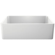 White single-bowl farmhouse sink with rounded corners and apron front design.