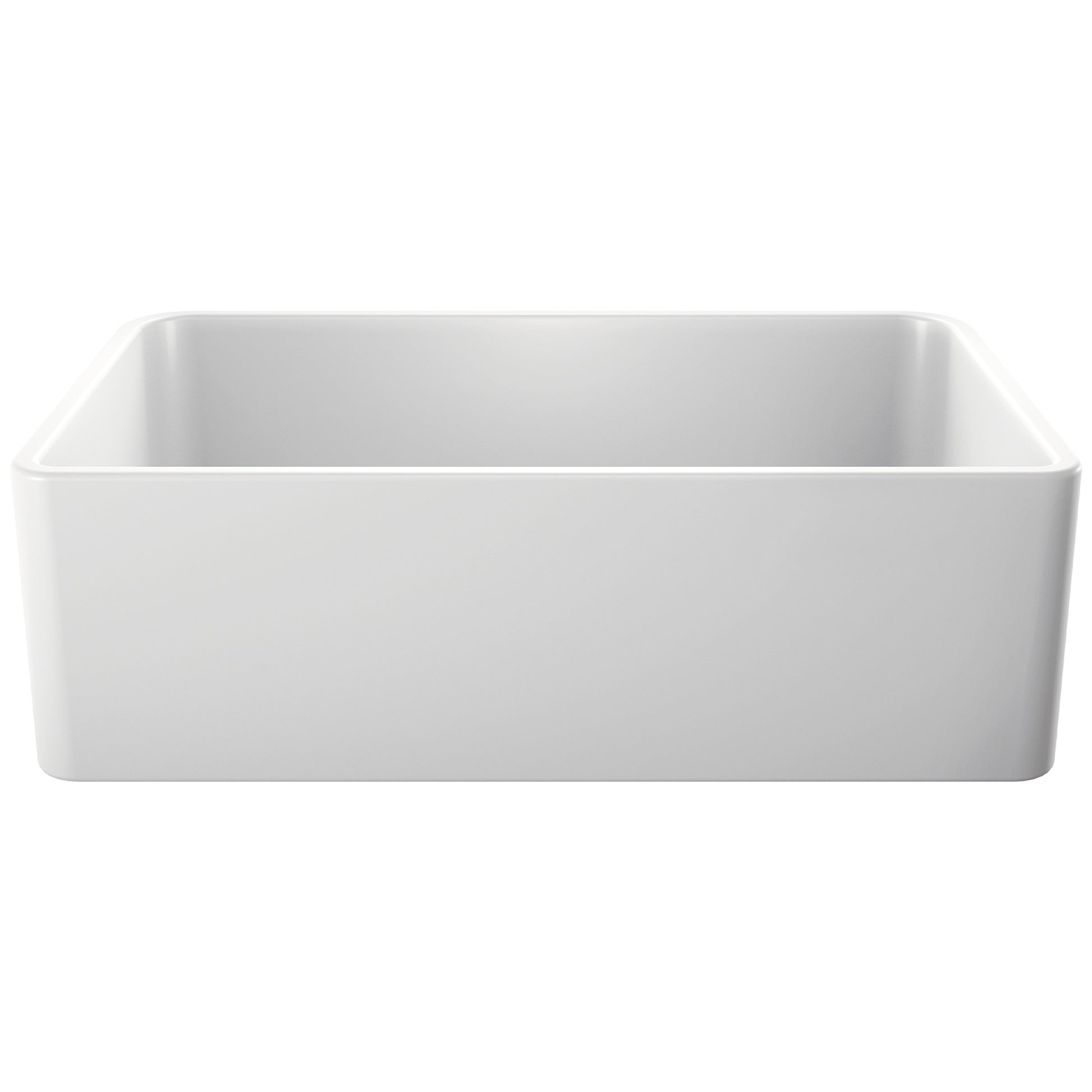 White single-bowl farmhouse sink with rounded corners and apron front design.
