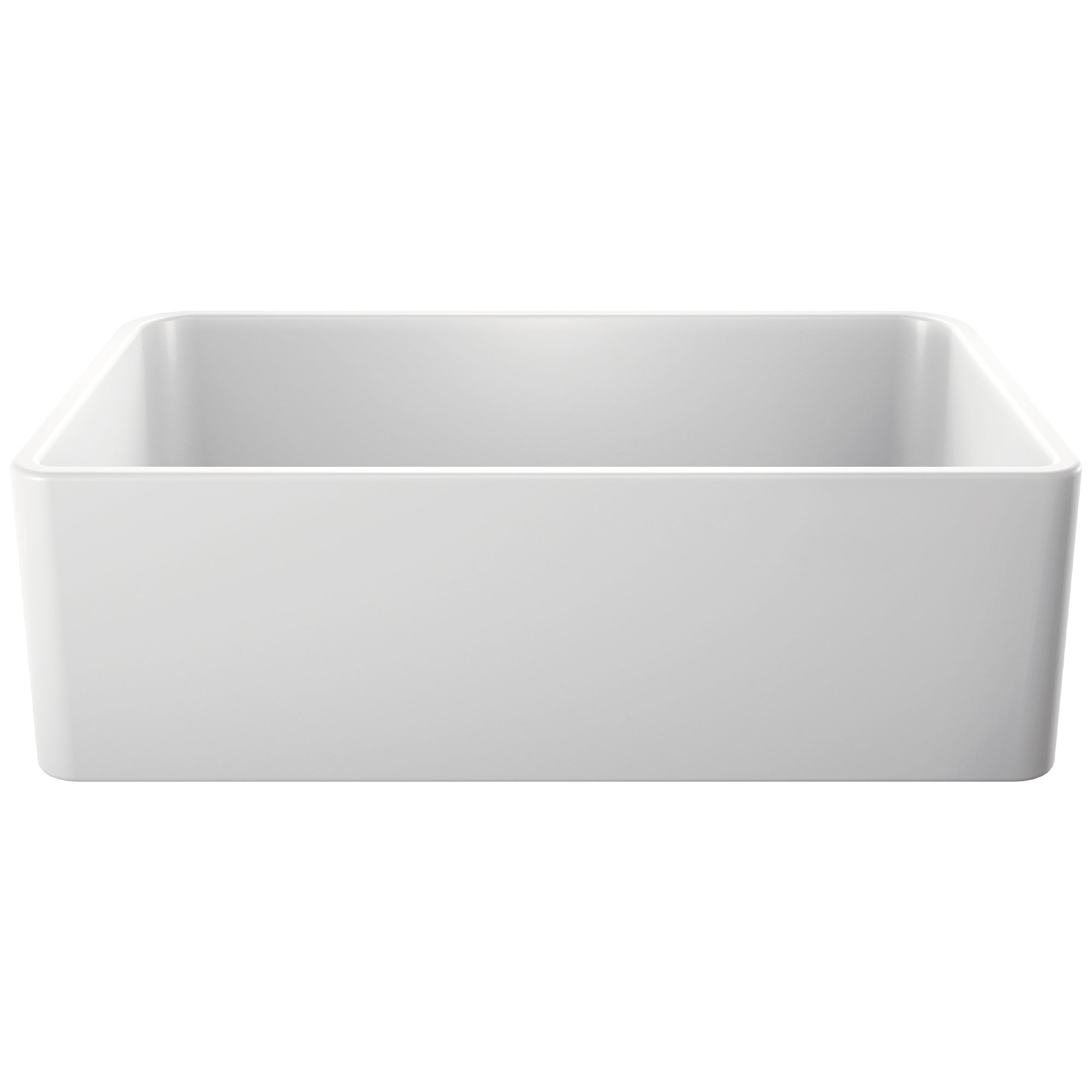 White single-bowl farmhouse sink with rounded corners and apron front design.