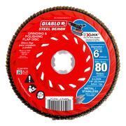 Red Diablo Steel Demon 6-inch 80-grit flap disc with tan abrasive flaps around edge and X-Lock center hole.