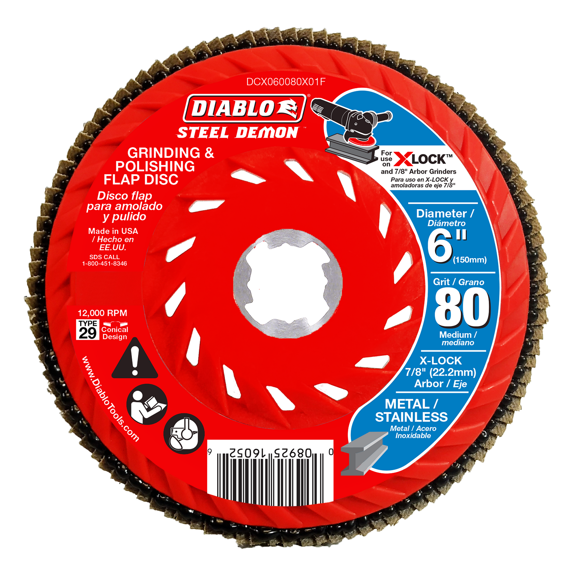 Red Diablo Steel Demon 6-inch 80-grit flap disc with tan abrasive flaps around edge and X-Lock center hole.