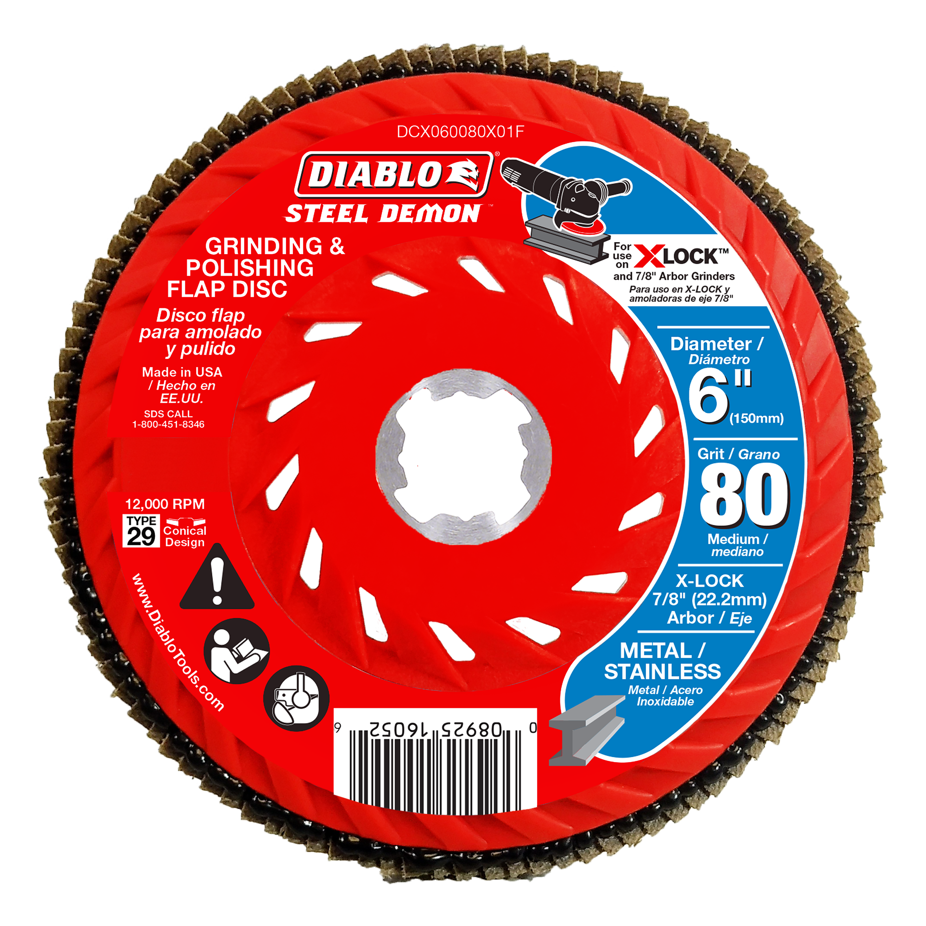 Red Diablo Steel Demon 6-inch 80-grit flap disc with tan abrasive flaps around edge and X-Lock center hole.