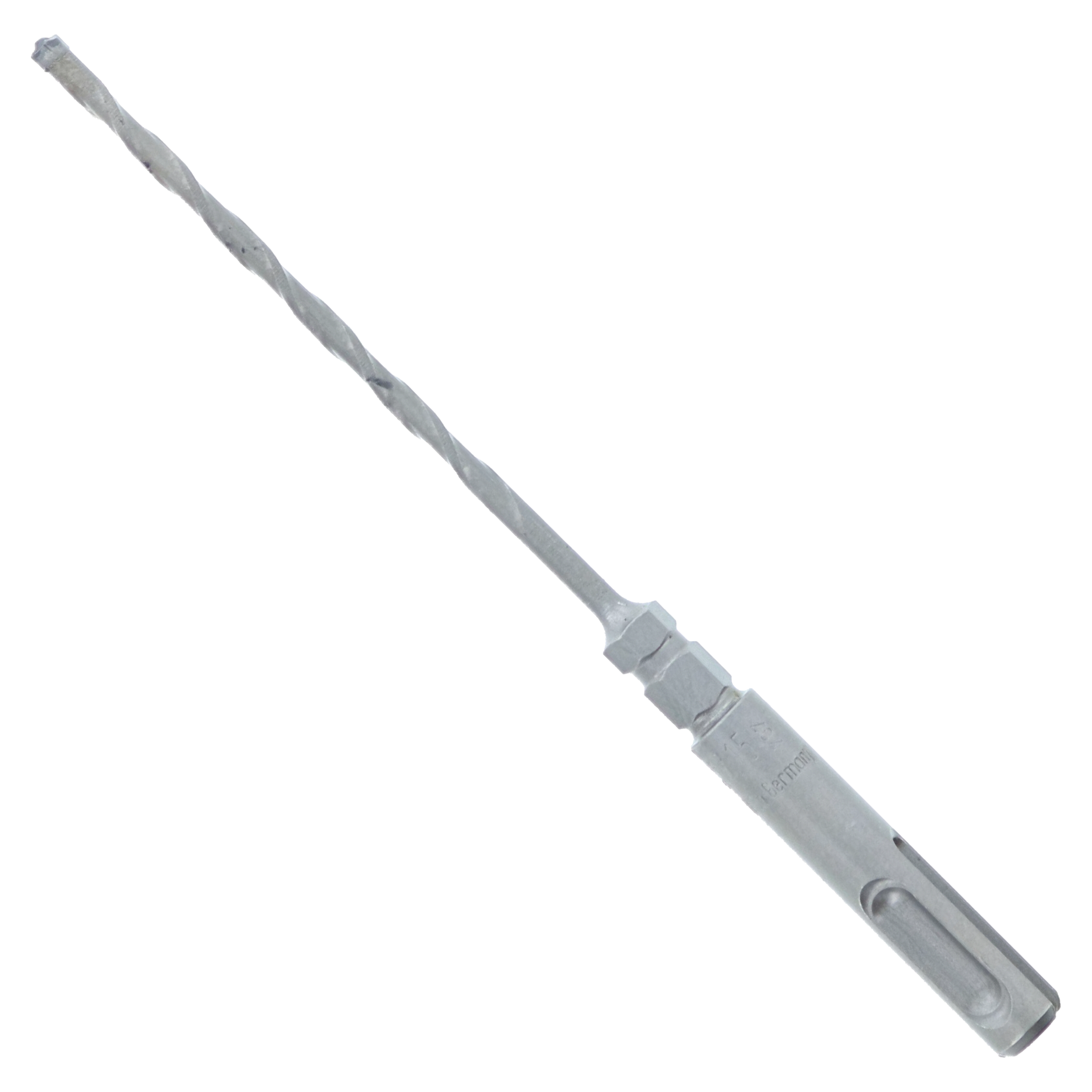 Gray SDS-Plus carbide-tipped concrete hammer drill bit with hexagonal shank and fluted shaft.