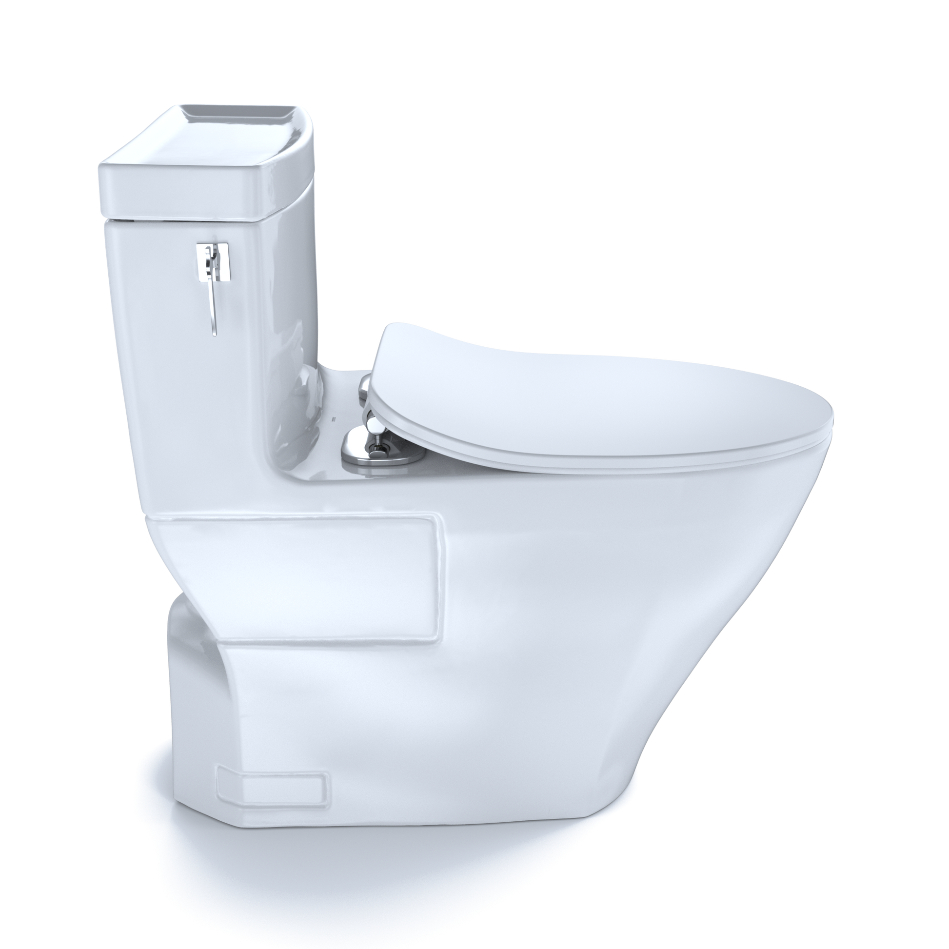 White one-piece elongated toilet with soft-close seat and integrated bidet-ready tank on left side.