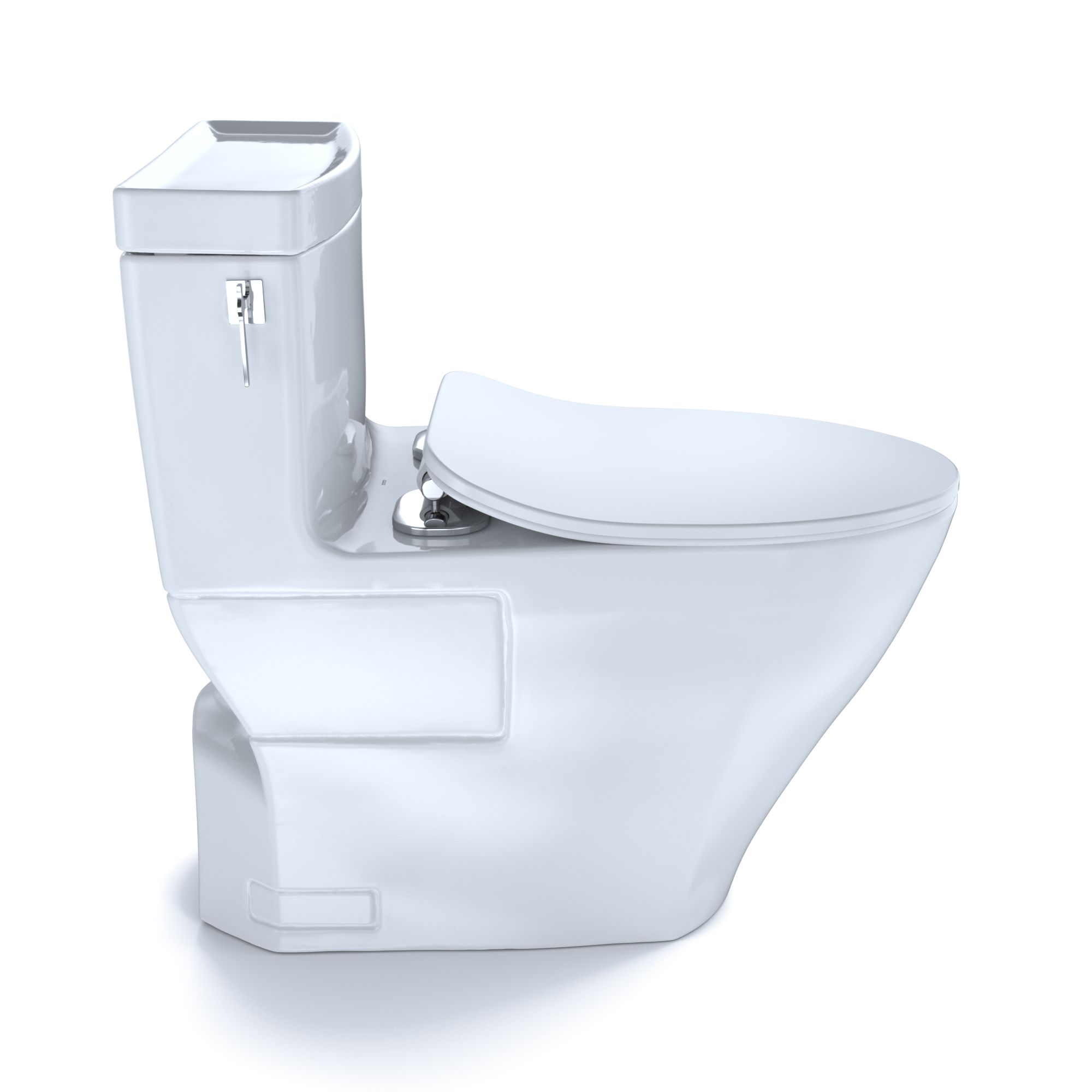White one-piece elongated toilet with soft-close seat and integrated bidet-ready tank on left side.