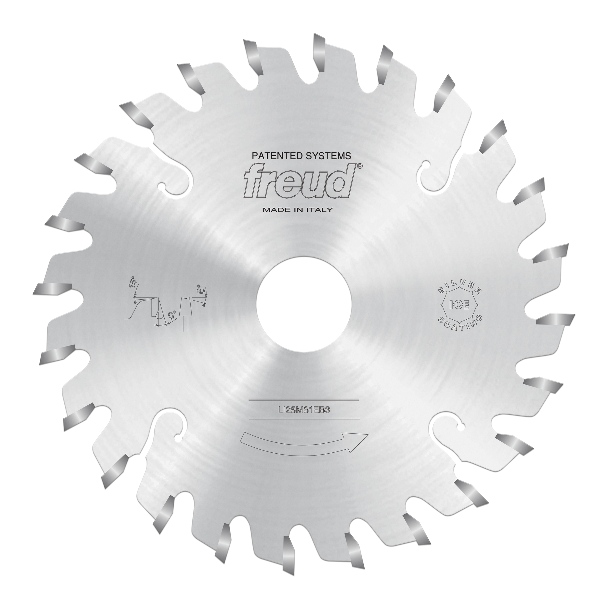 Freud conical scoring saw blade with angled carbide teeth around the perimeter and center arbor hole.