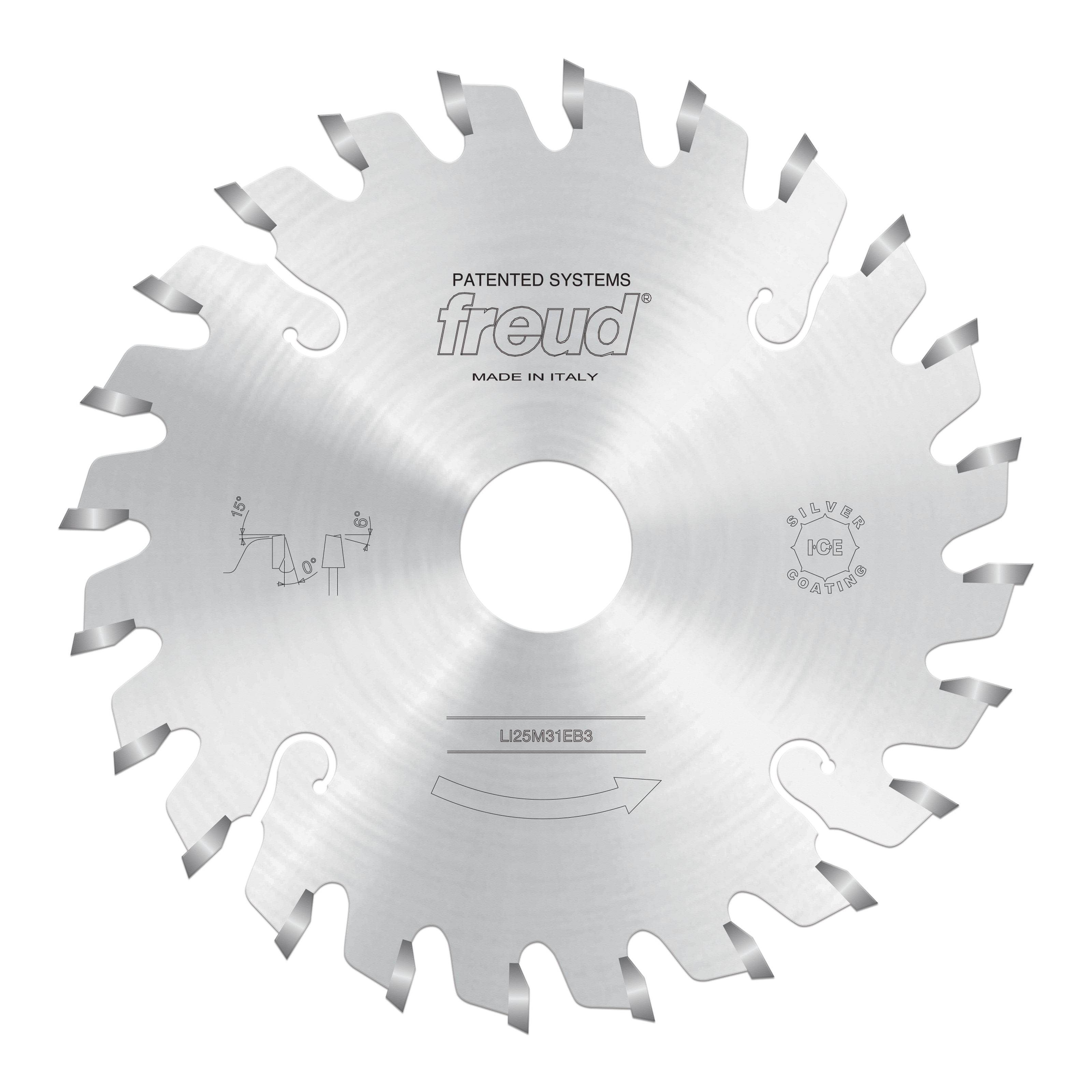 Freud conical scoring saw blade with angled carbide teeth around the perimeter and center arbor hole.