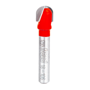Metal router bit with red coating and rounded nose end for woodworking applications.