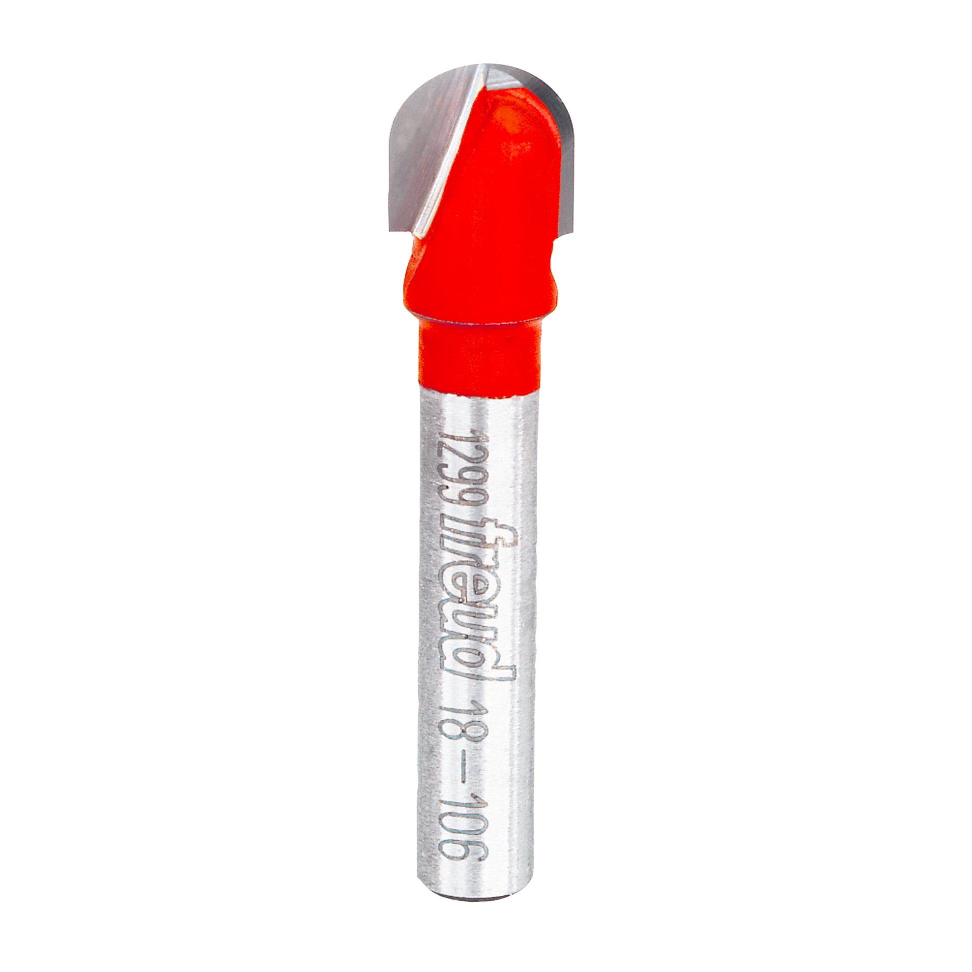 Metal router bit with red coating and rounded nose end for woodworking applications.