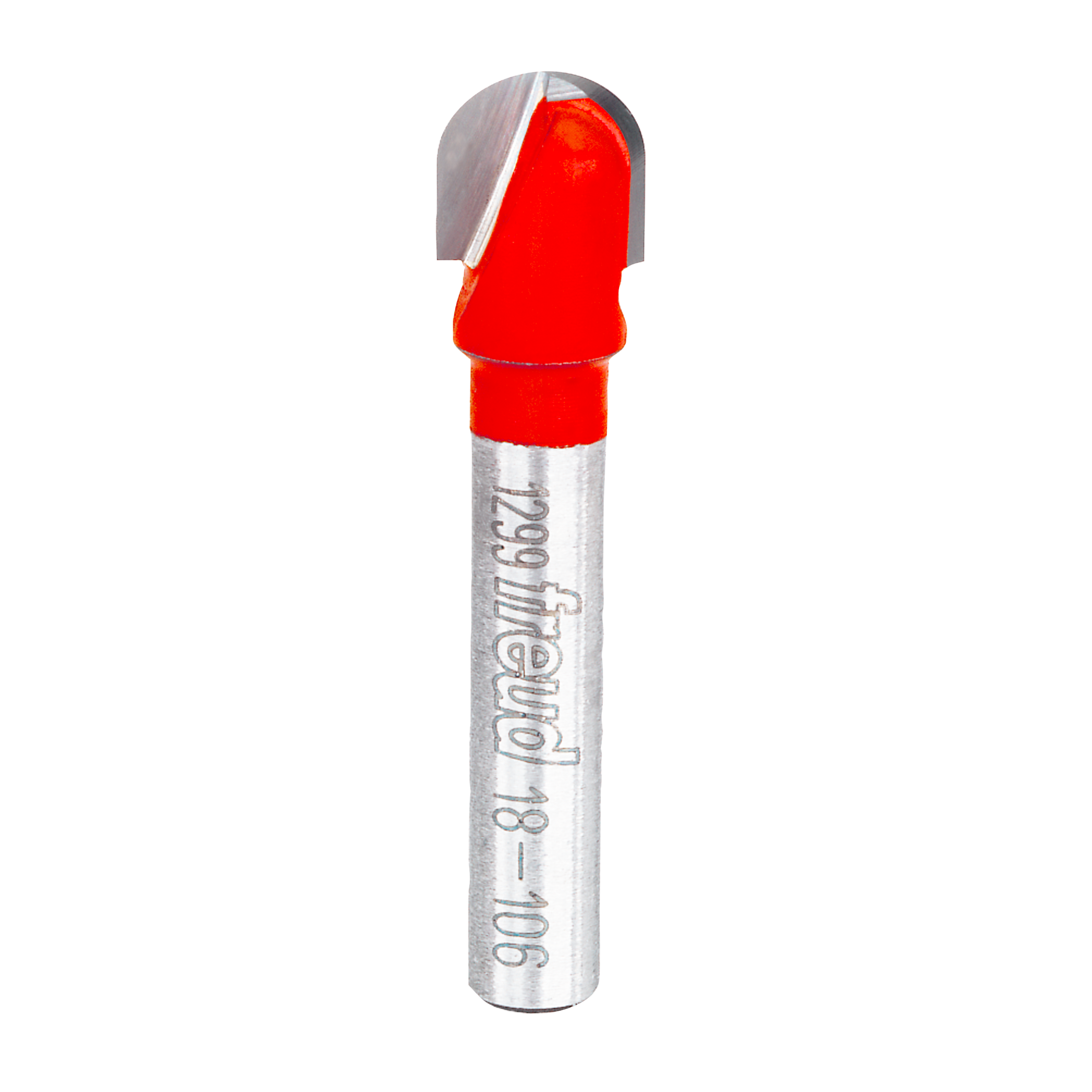 Metal router bit with red coating and rounded nose end for woodworking applications.