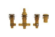Brass three-hole roman tub filler rough-in valve with center spout and side inlets, shown with threaded connections and adjus