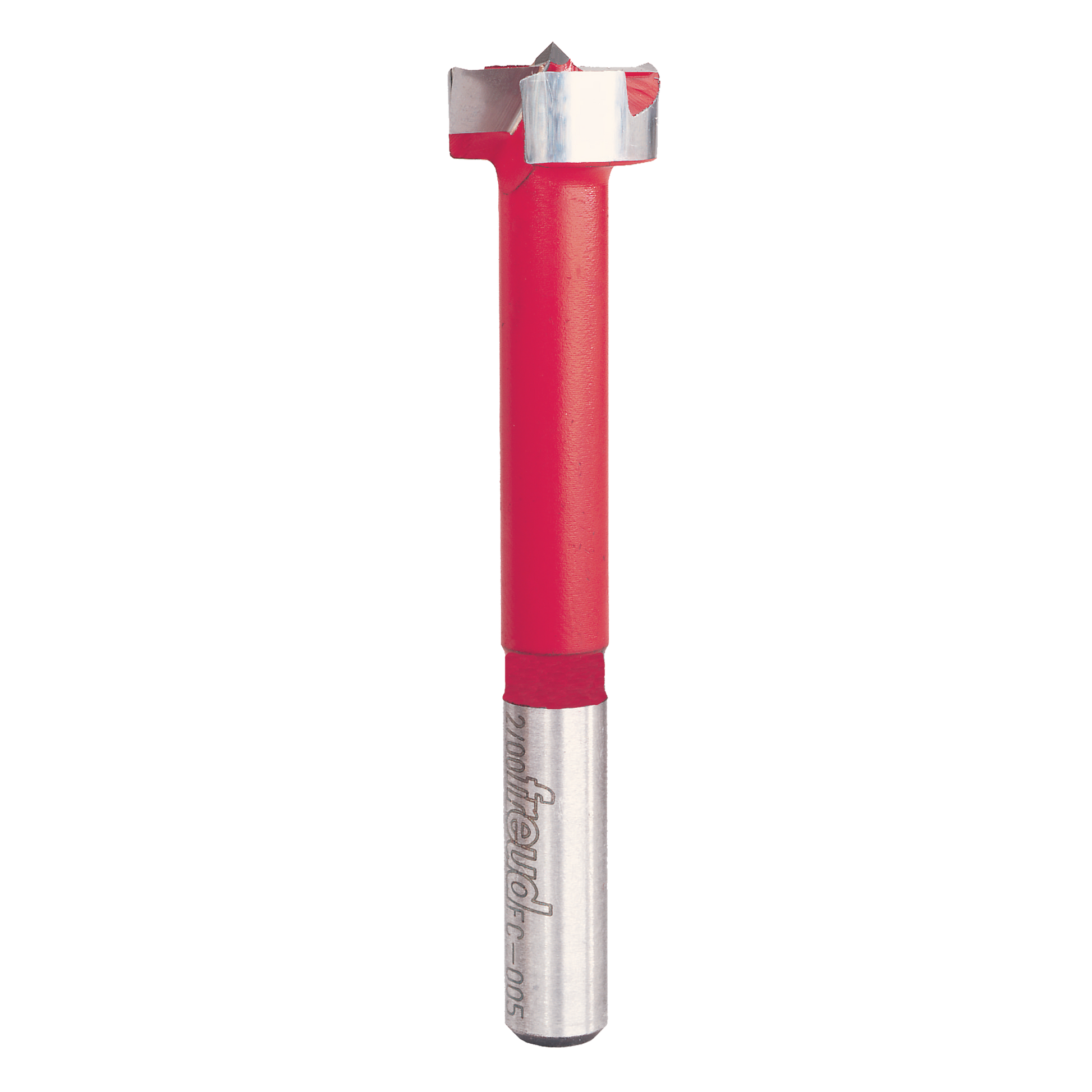 Freud Forstner bit with red handle and metal shaft, featuring cutting head with multiple edges at top.