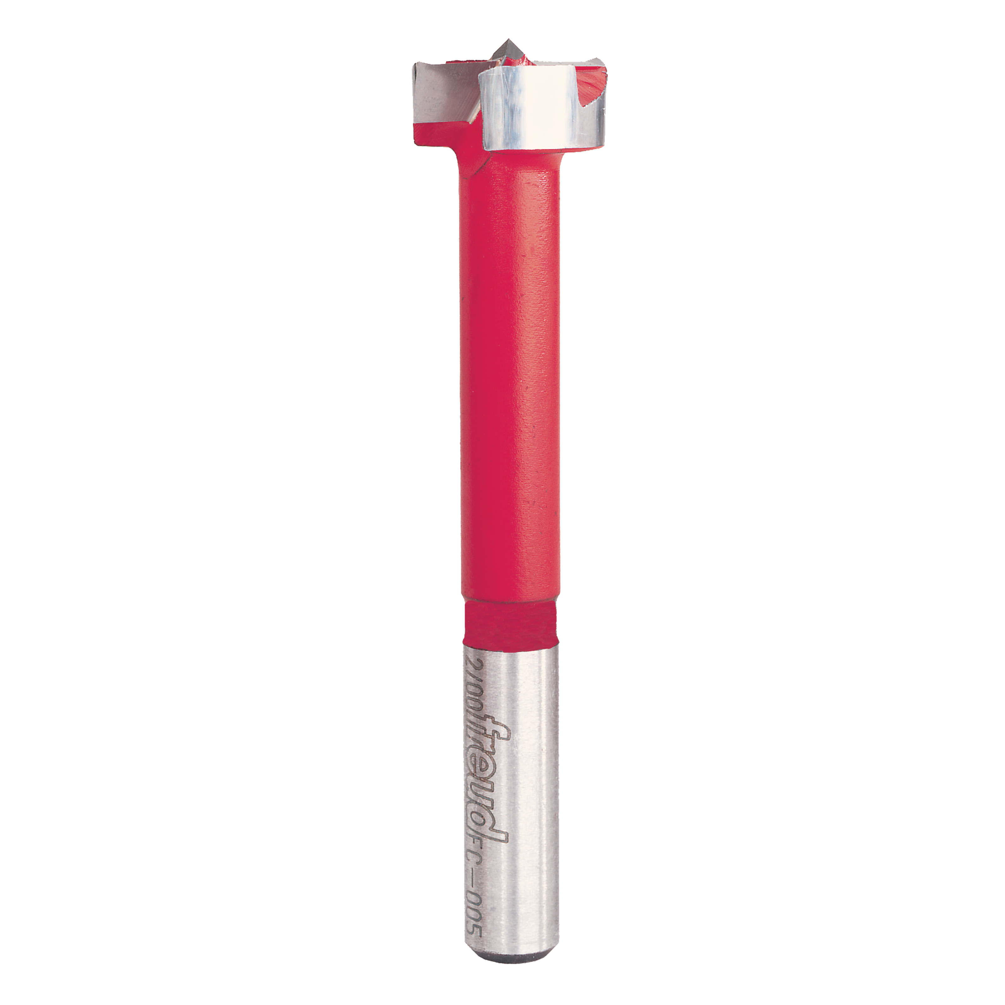 Freud Forstner bit with red handle and metal shaft, featuring cutting head with multiple edges at top.