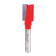 Red and silver straight router bit with 1/2" double flute cutting head and cylindrical shank.