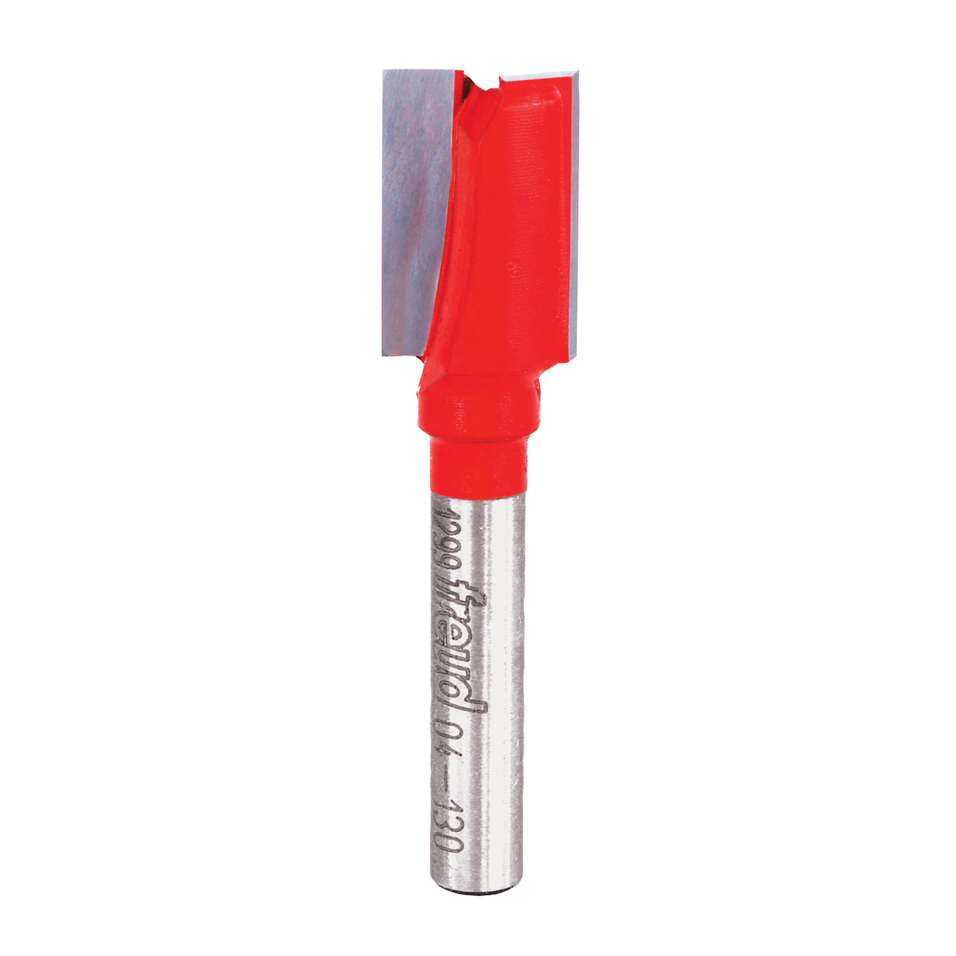 Red and silver straight router bit with 1/2" double flute cutting head and cylindrical shank.