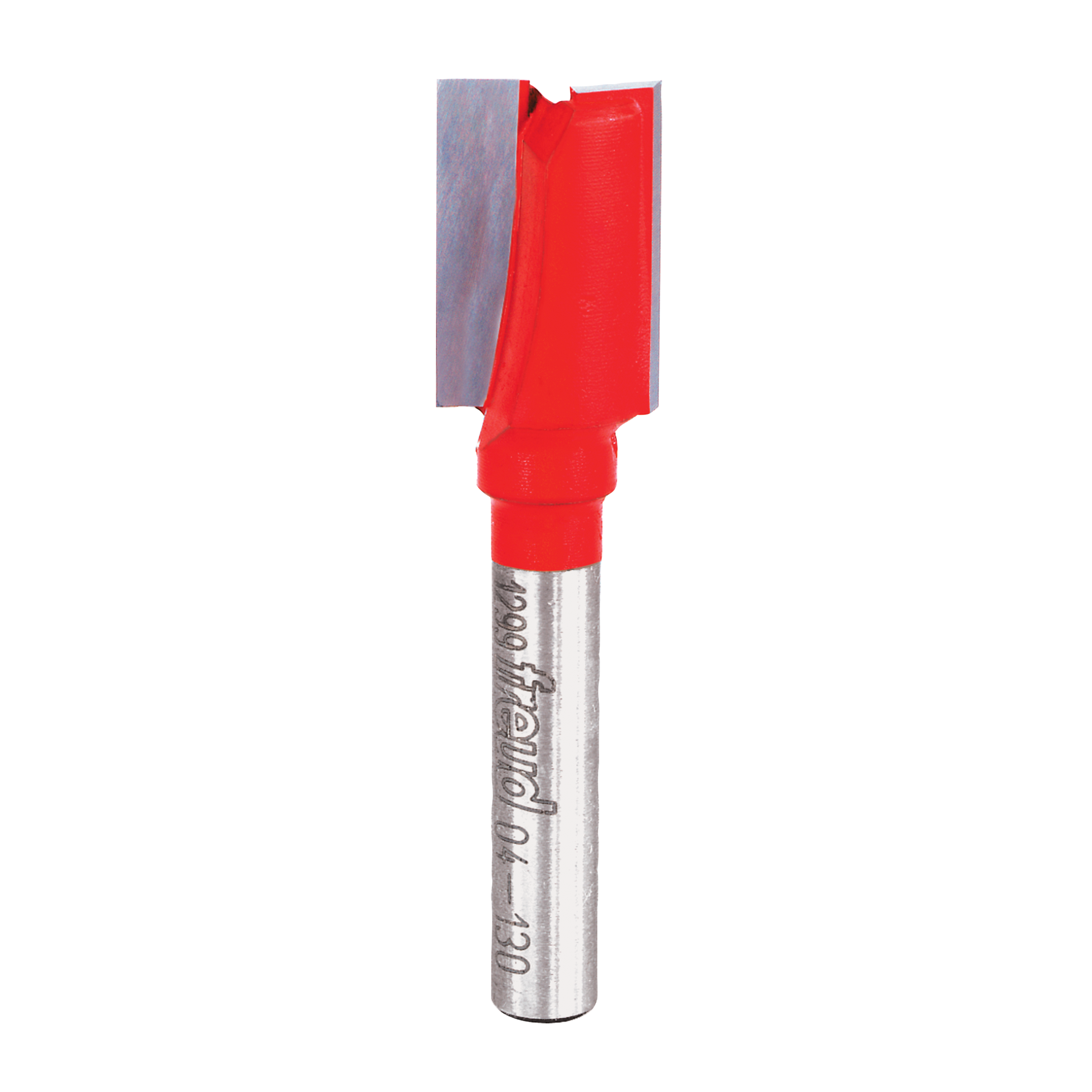 Red and silver straight router bit with 1/2" double flute cutting head and cylindrical shank.
