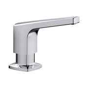 Chrome soap dispenser with angular modern design and square base.