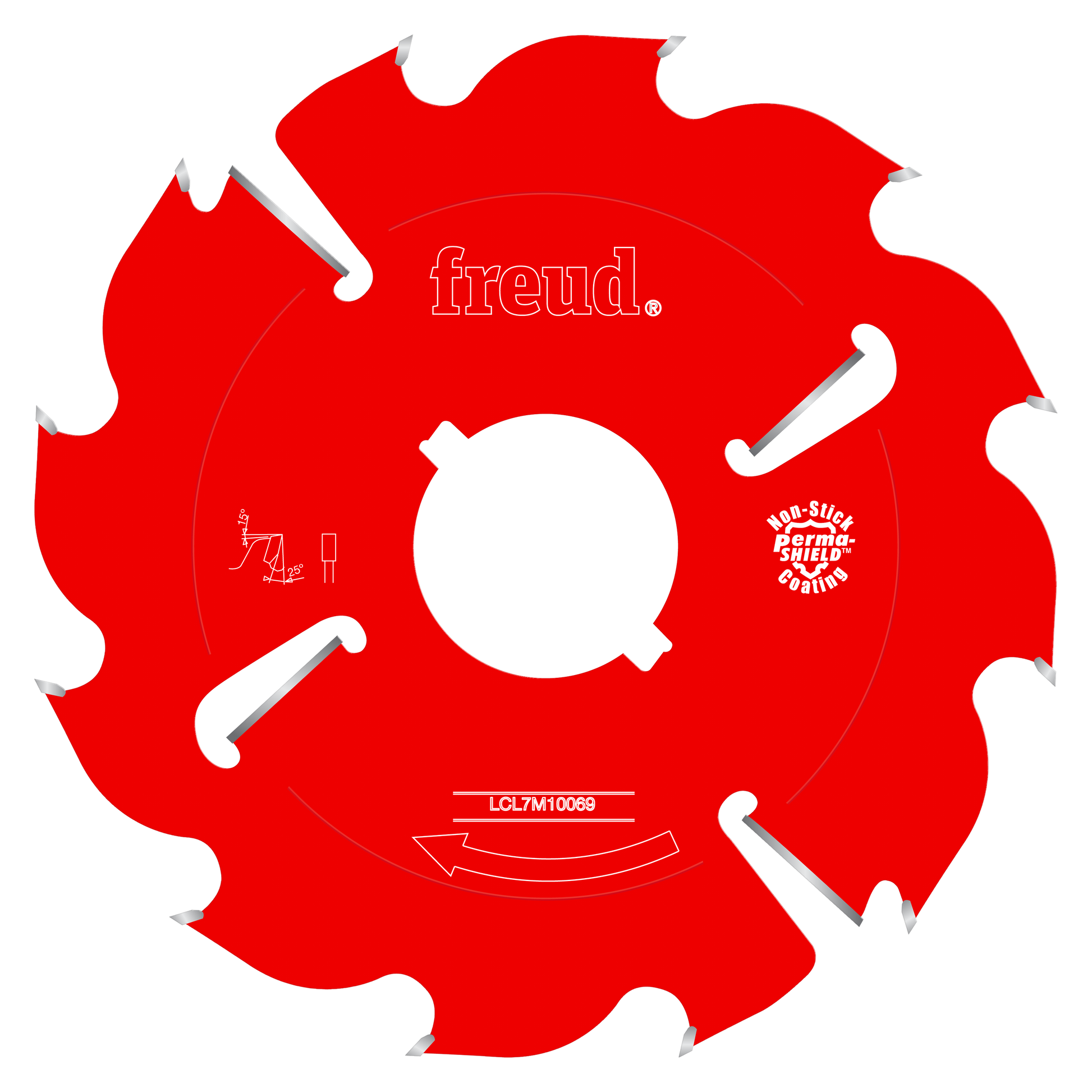 Red circular saw blade with silver teeth and white arbor hole, designed for ripping pallets.