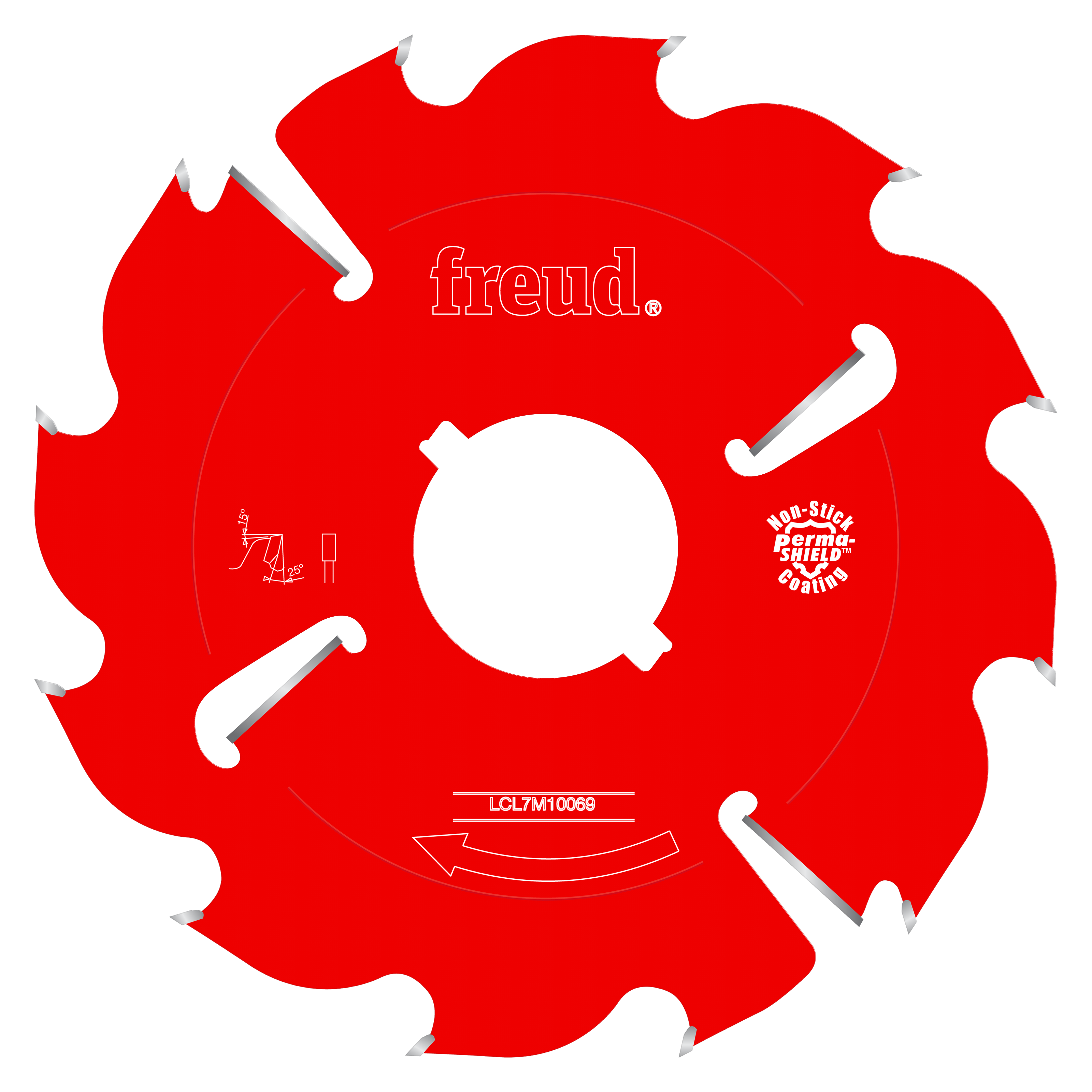 Red circular saw blade with silver teeth and white arbor hole, designed for ripping pallets.
