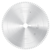 Silver circular sawblade with fine teeth around perimeter, central arbor hole, and Freud branding visible on blade surface.