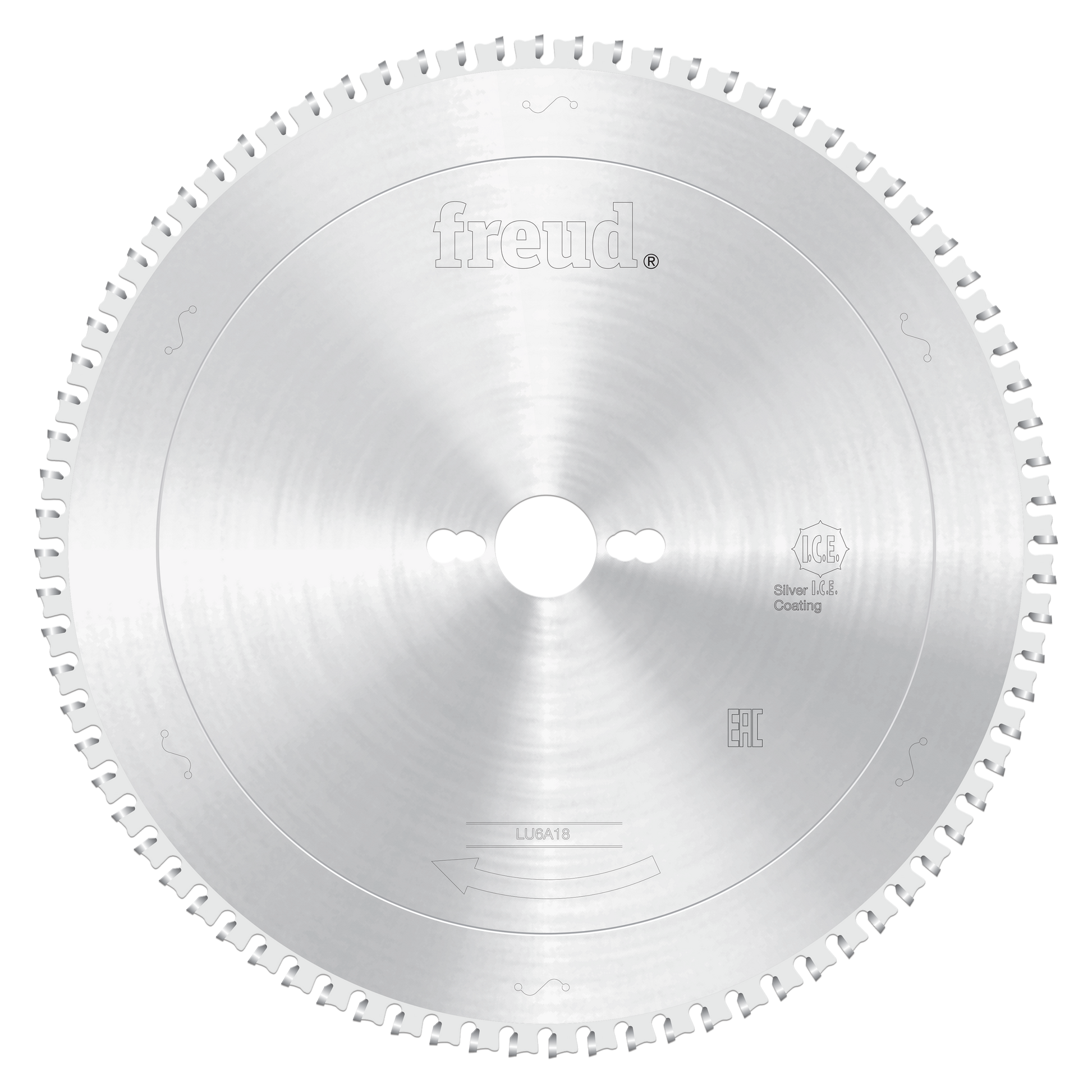 Silver circular sawblade with fine teeth around perimeter, central arbor hole, and Freud branding visible on blade surface.