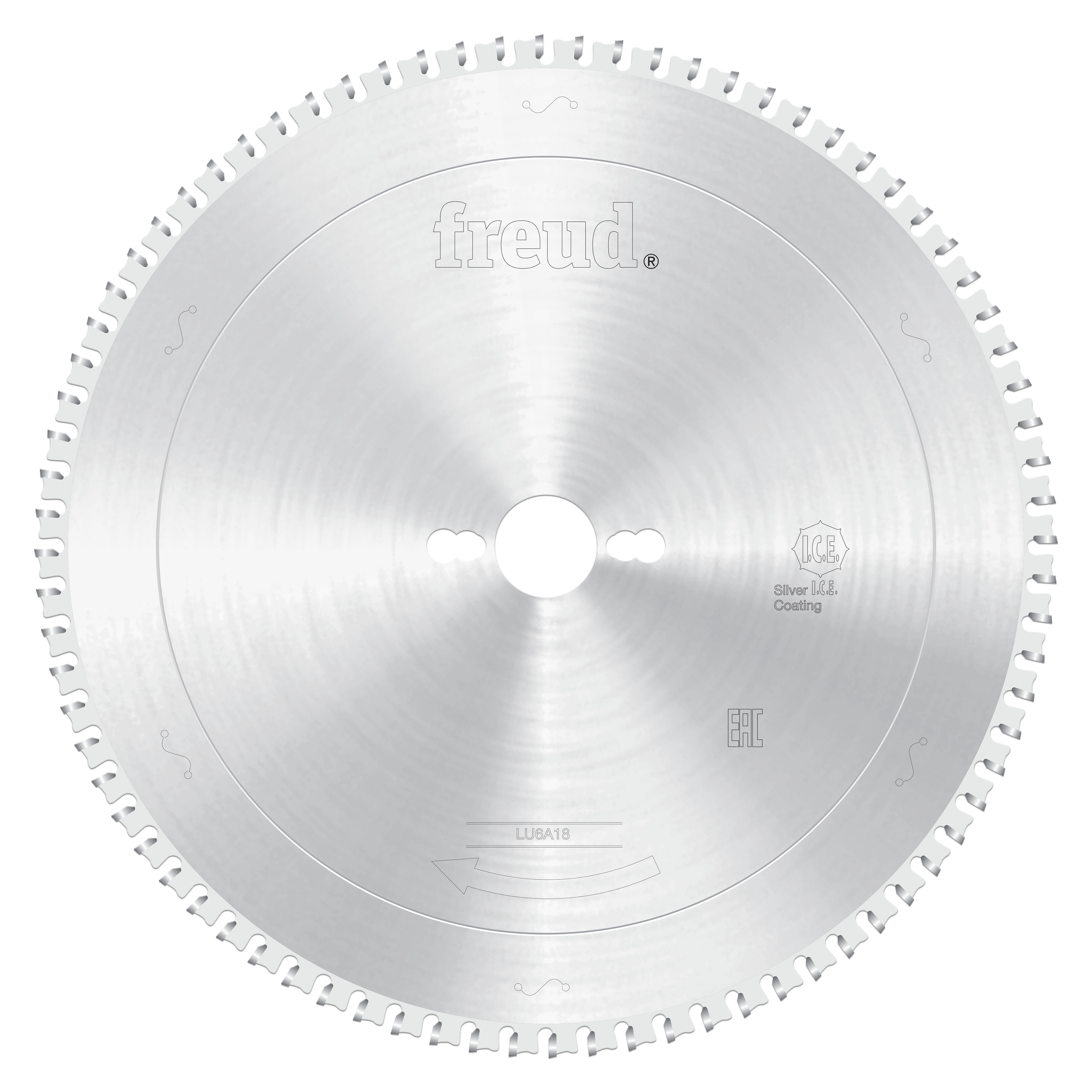 Silver circular sawblade with fine teeth around perimeter, central arbor hole, and Freud branding visible on blade surface.