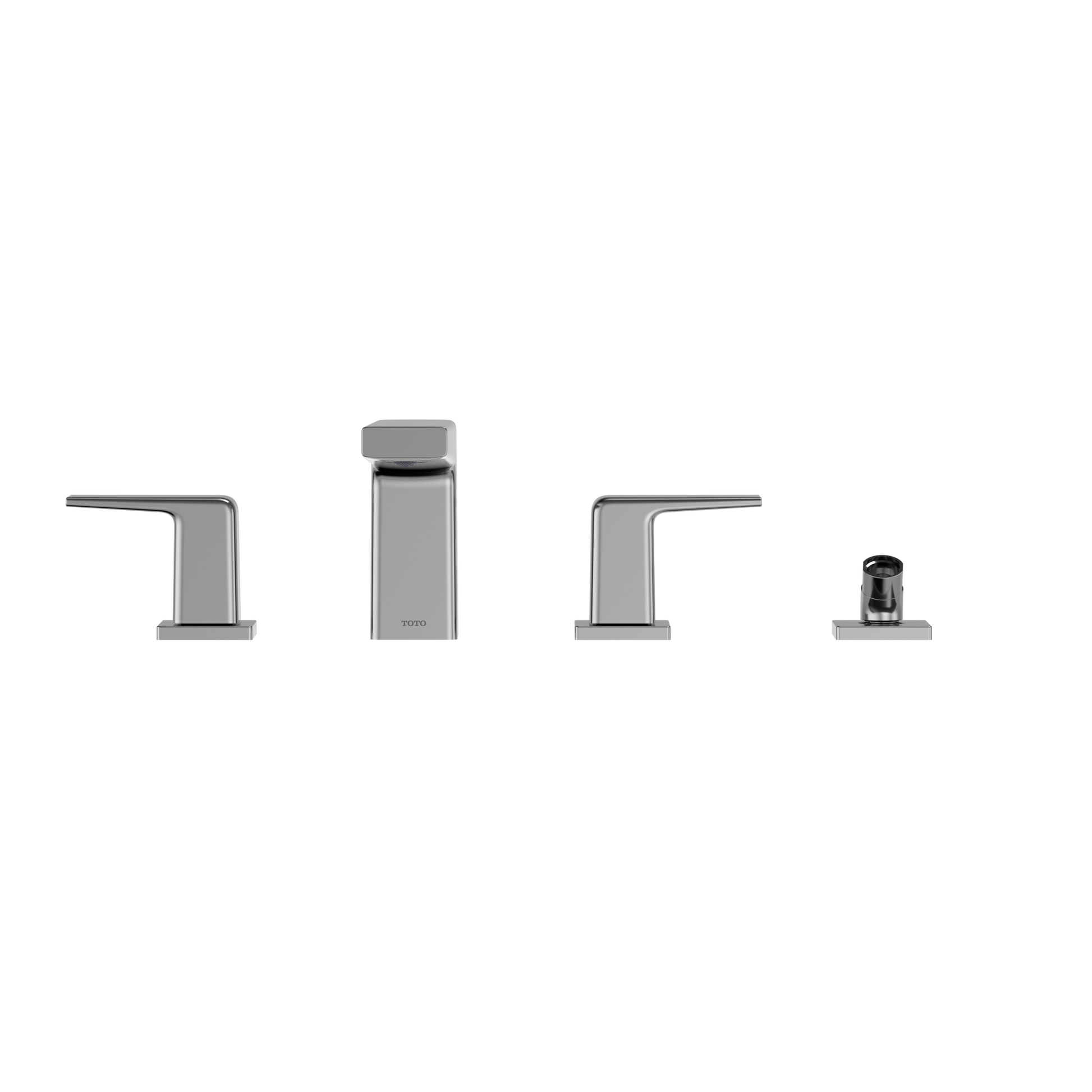 Polished chrome two-handle deck-mount roman tub filler with center spout and detachable black handshower.