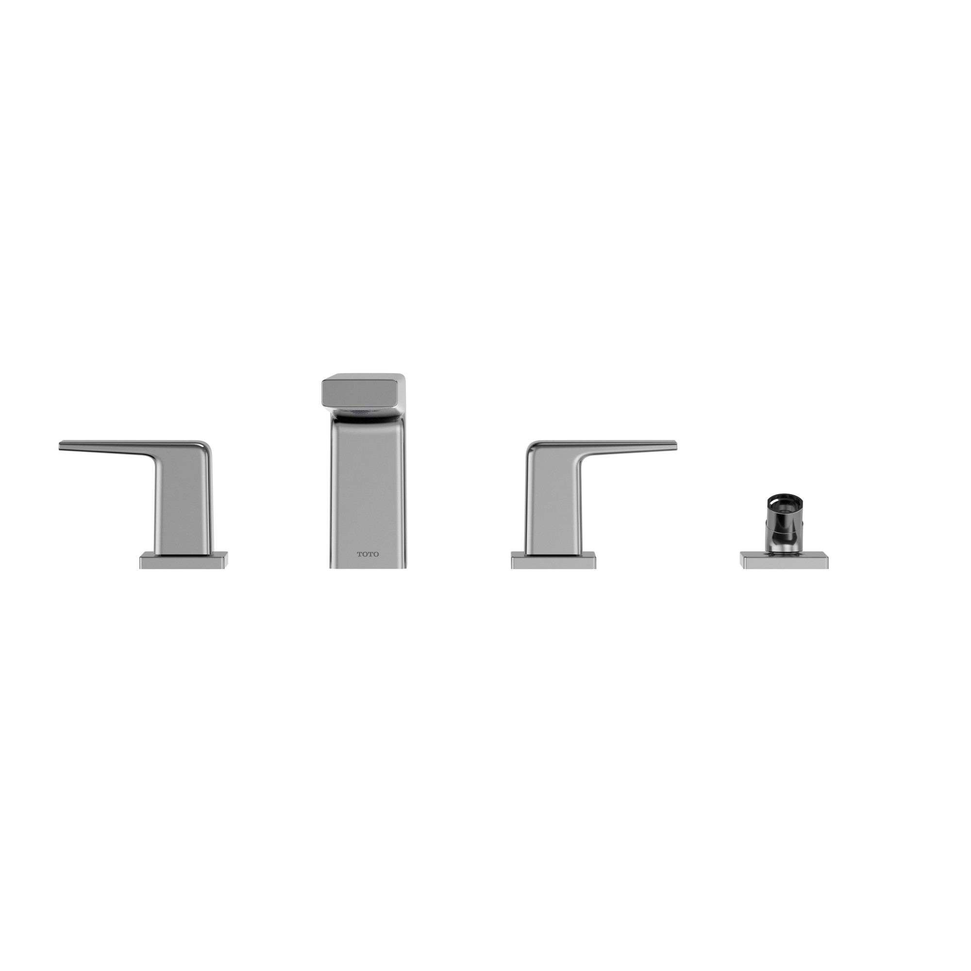 Polished chrome two-handle deck-mount roman tub filler with center spout and detachable black handshower.