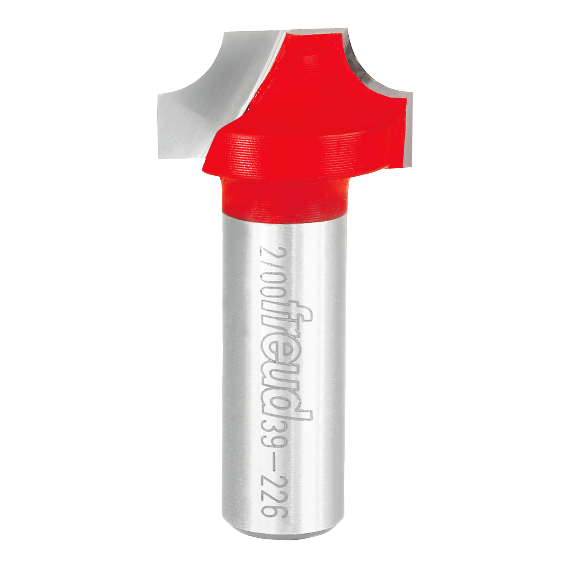 Silver and red router bit with curved ovolo cutting head for woodworking edge profiling.