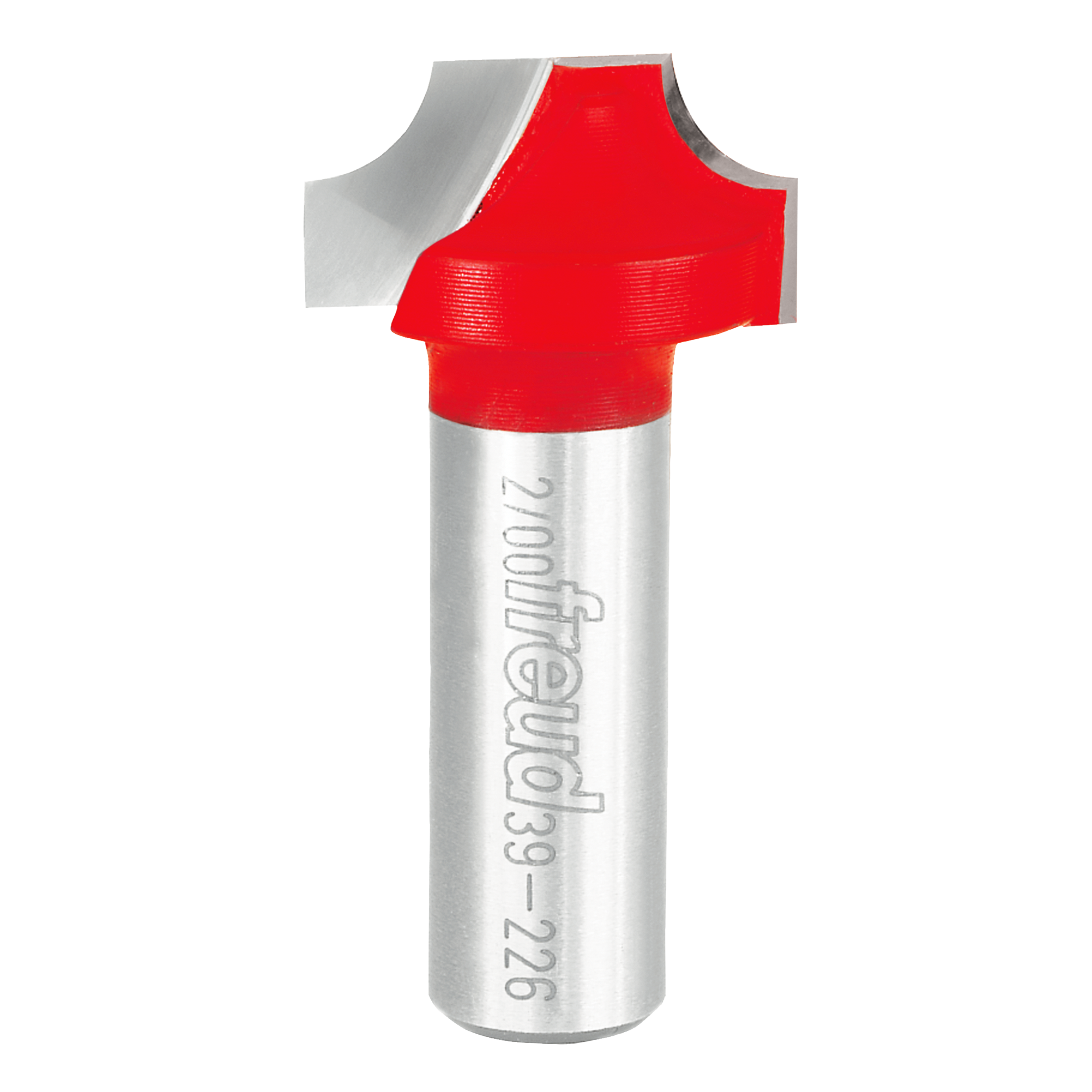 Silver and red router bit with curved ovolo cutting head for woodworking edge profiling.