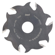 Freud FI100 4" biscuit jointer blade with 6 carbide teeth and center arbor hole.