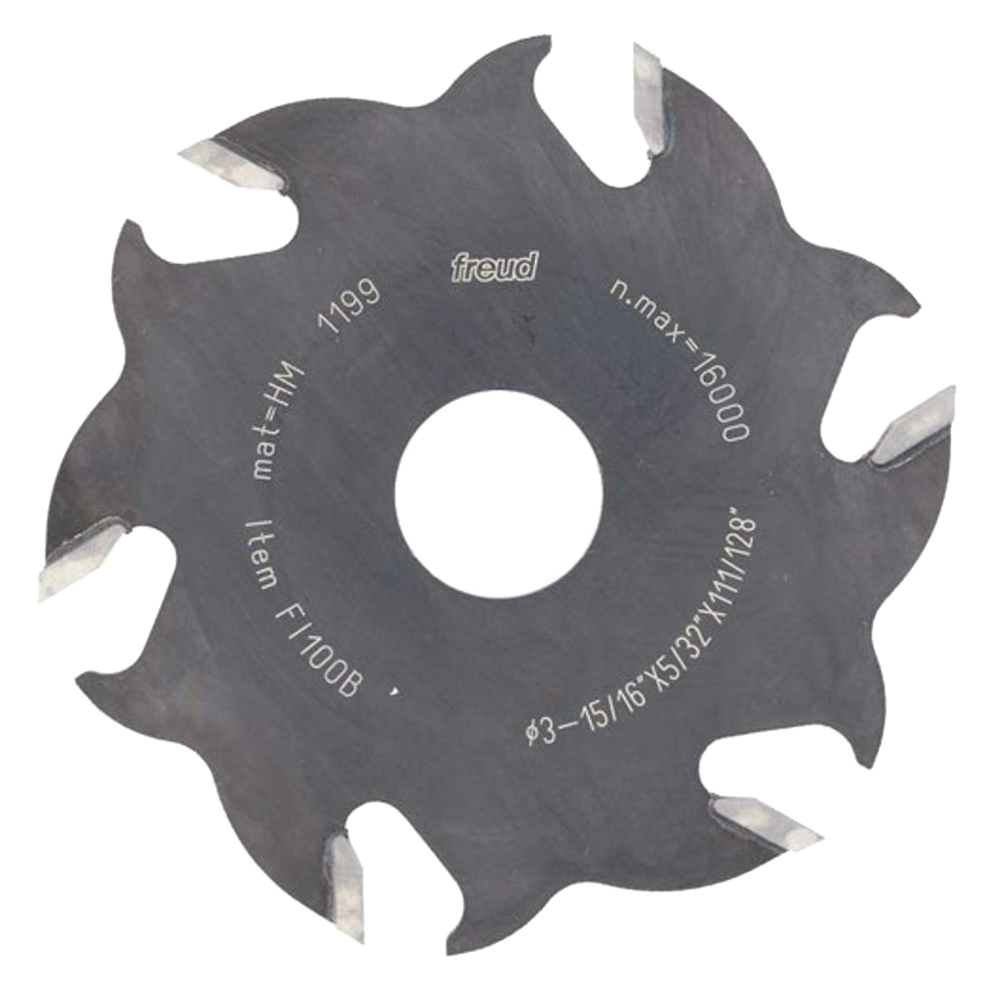 Freud FI100 4" biscuit jointer blade with 6 carbide teeth and center arbor hole.