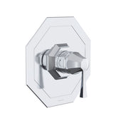 Polished chrome pressure balance trim with octagonal escutcheon plate and lever handle for shower valve.