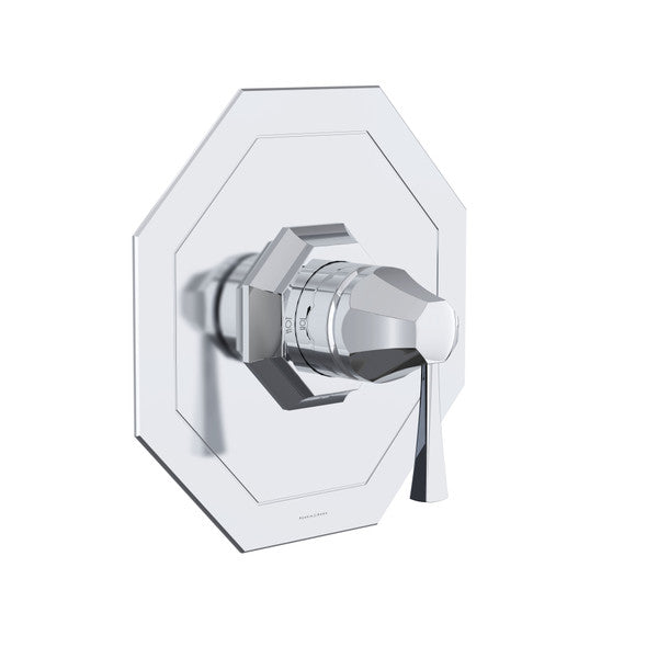 Polished chrome pressure balance trim with octagonal escutcheon plate and lever handle for shower valve.