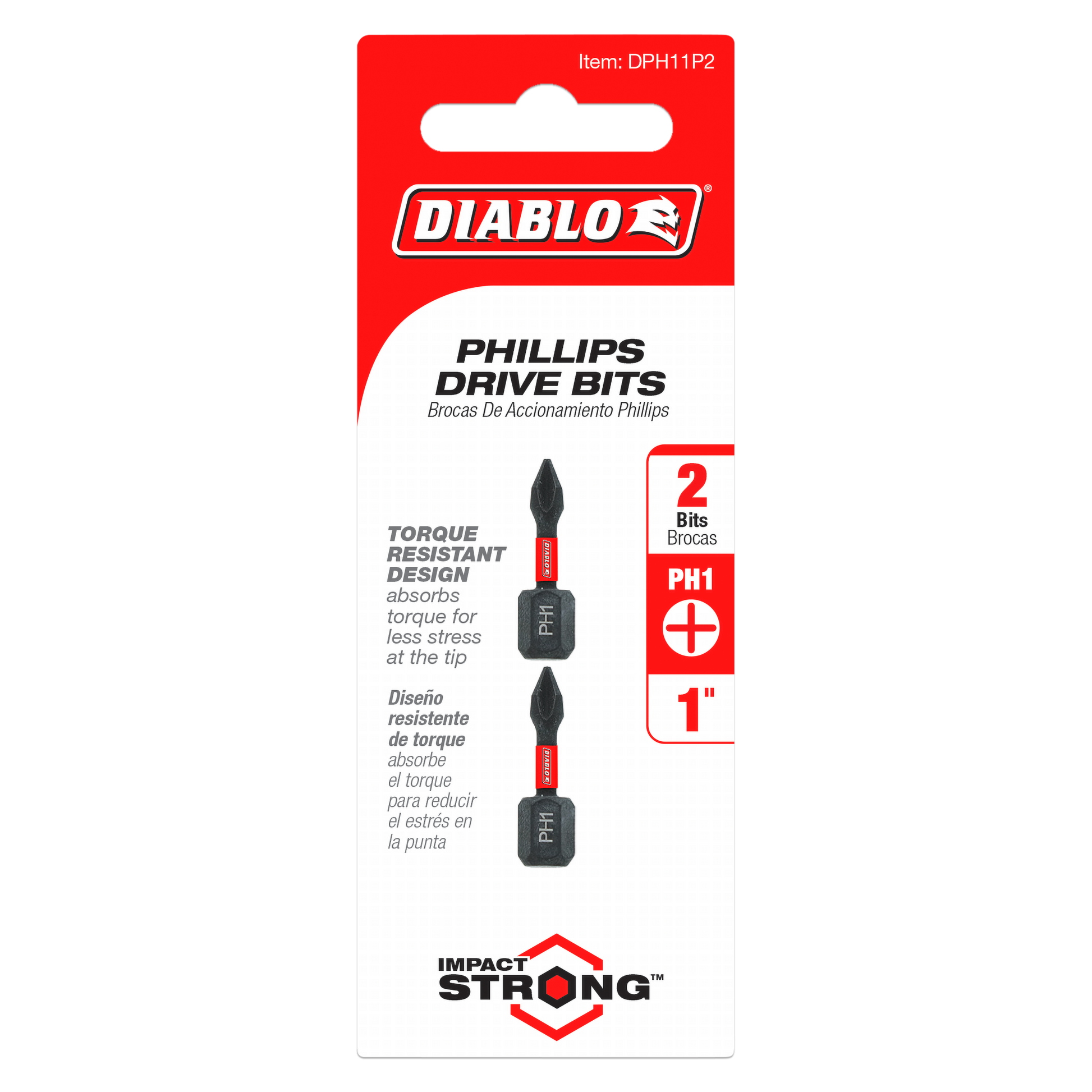 Two black and red 1 inch Phillips #1 drive bits in red and black packaging with Diablo branding.