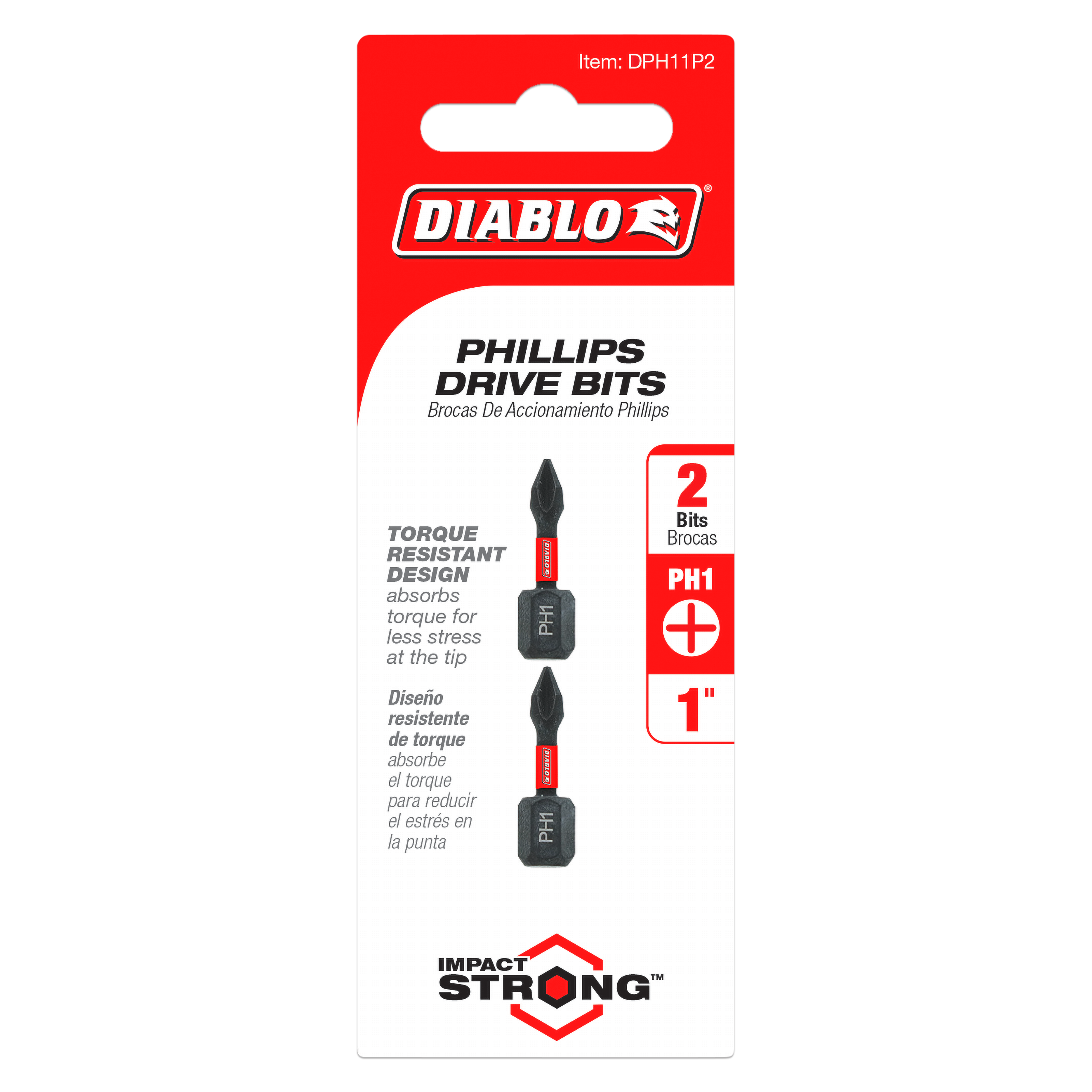 Two black and red 1 inch Phillips #1 drive bits in red and black packaging with Diablo branding.