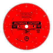 Red circular saw blade with carbide-tipped teeth, center arbor hole, and "Ultimate Cutoff" branding for crosscutting.
