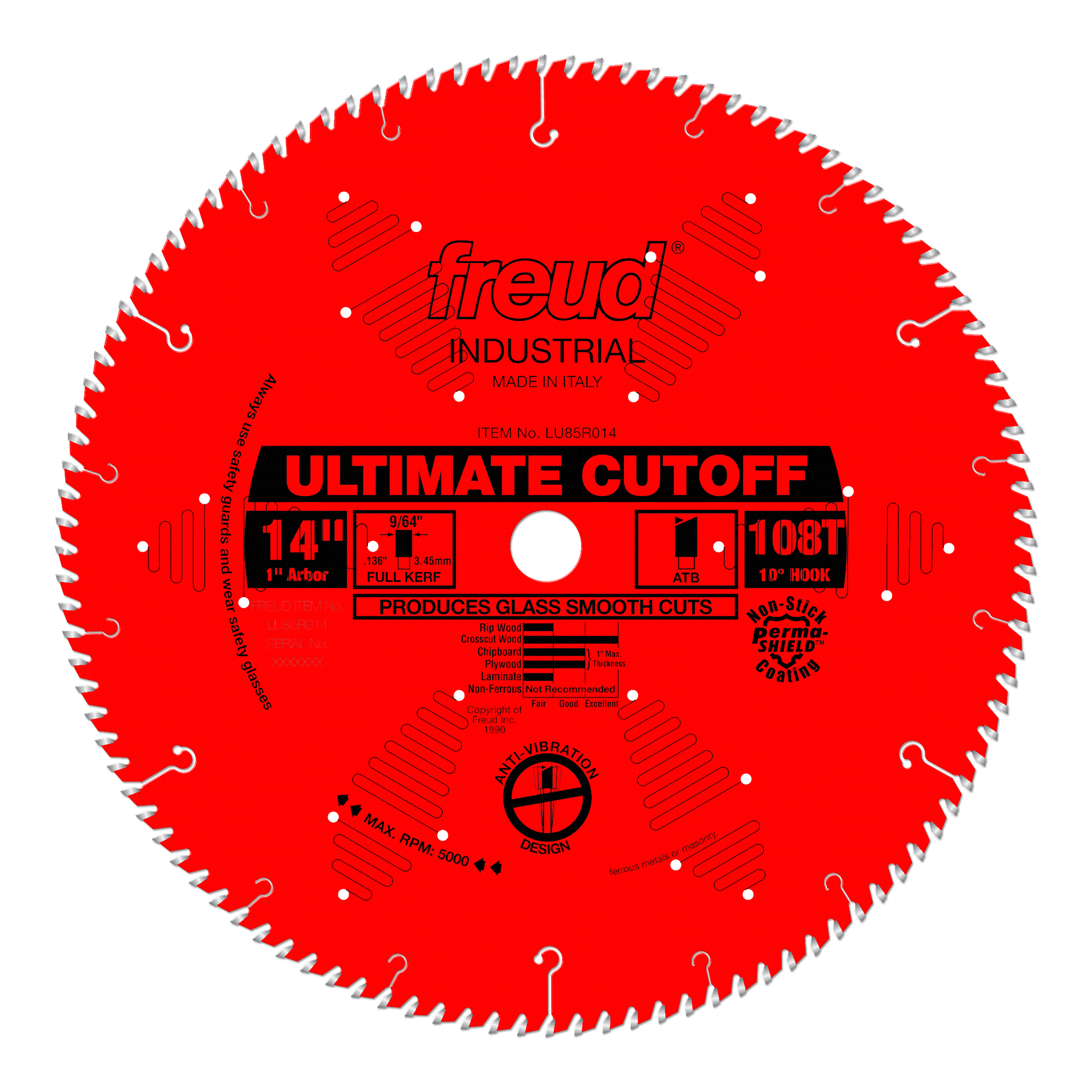 Red circular saw blade with carbide-tipped teeth, center arbor hole, and "Ultimate Cutoff" branding for crosscutting.