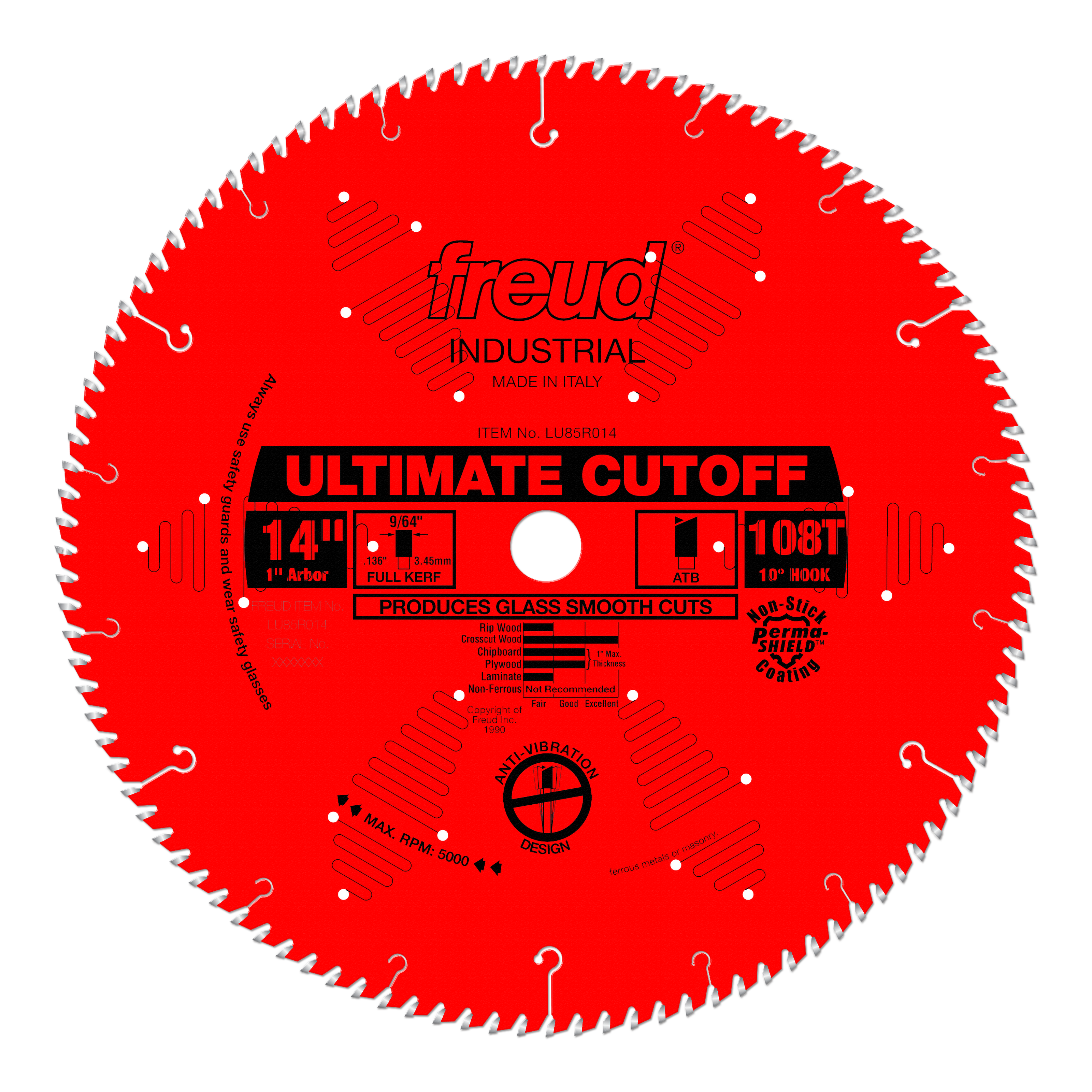 Red circular saw blade with carbide-tipped teeth, center arbor hole, and "Ultimate Cutoff" branding for crosscutting.