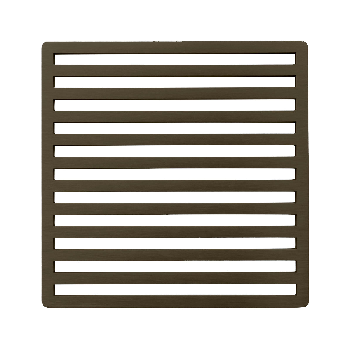 Oil rubbed bronze square drain cover with horizontal linear slat design.