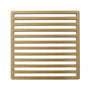 Square satin bronze drain cover with horizontal linear slat design and rounded corners.