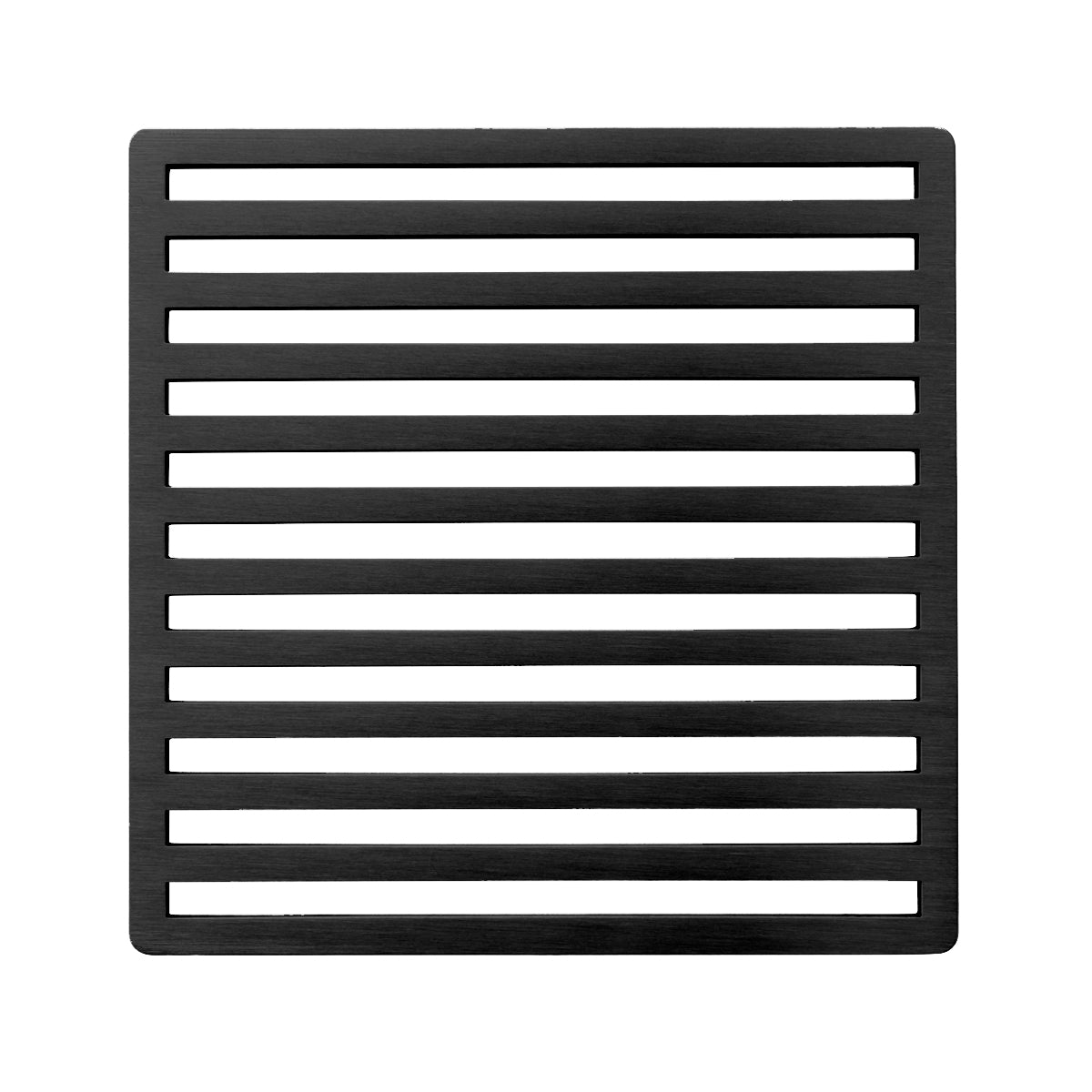 Matte black square drain cover with horizontal slot pattern design.