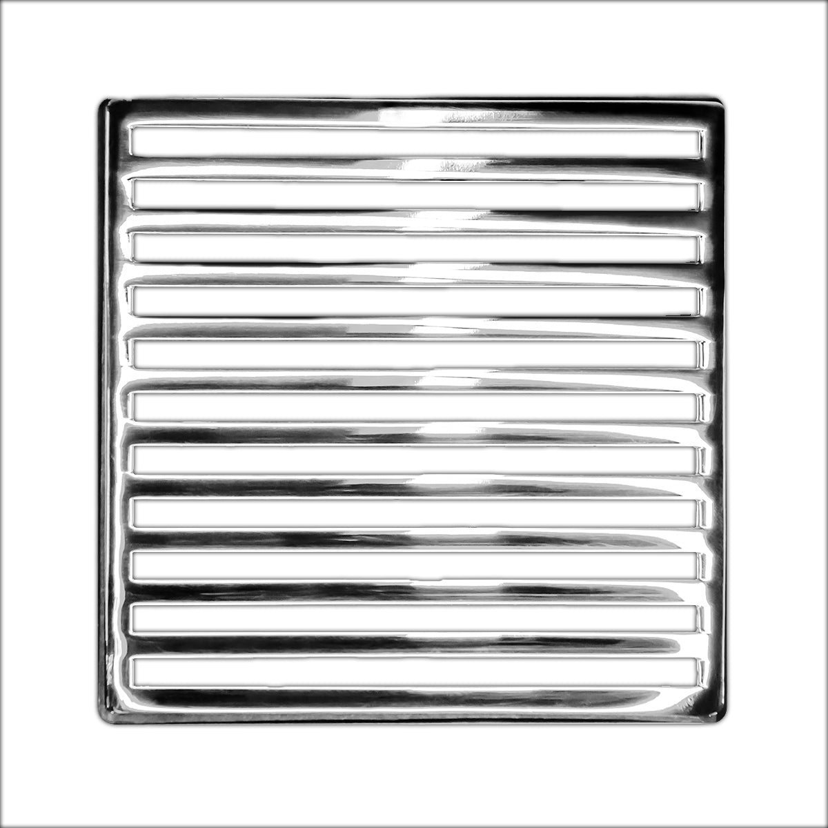 Square polished stainless steel drain cover with horizontal linear slot design pattern.