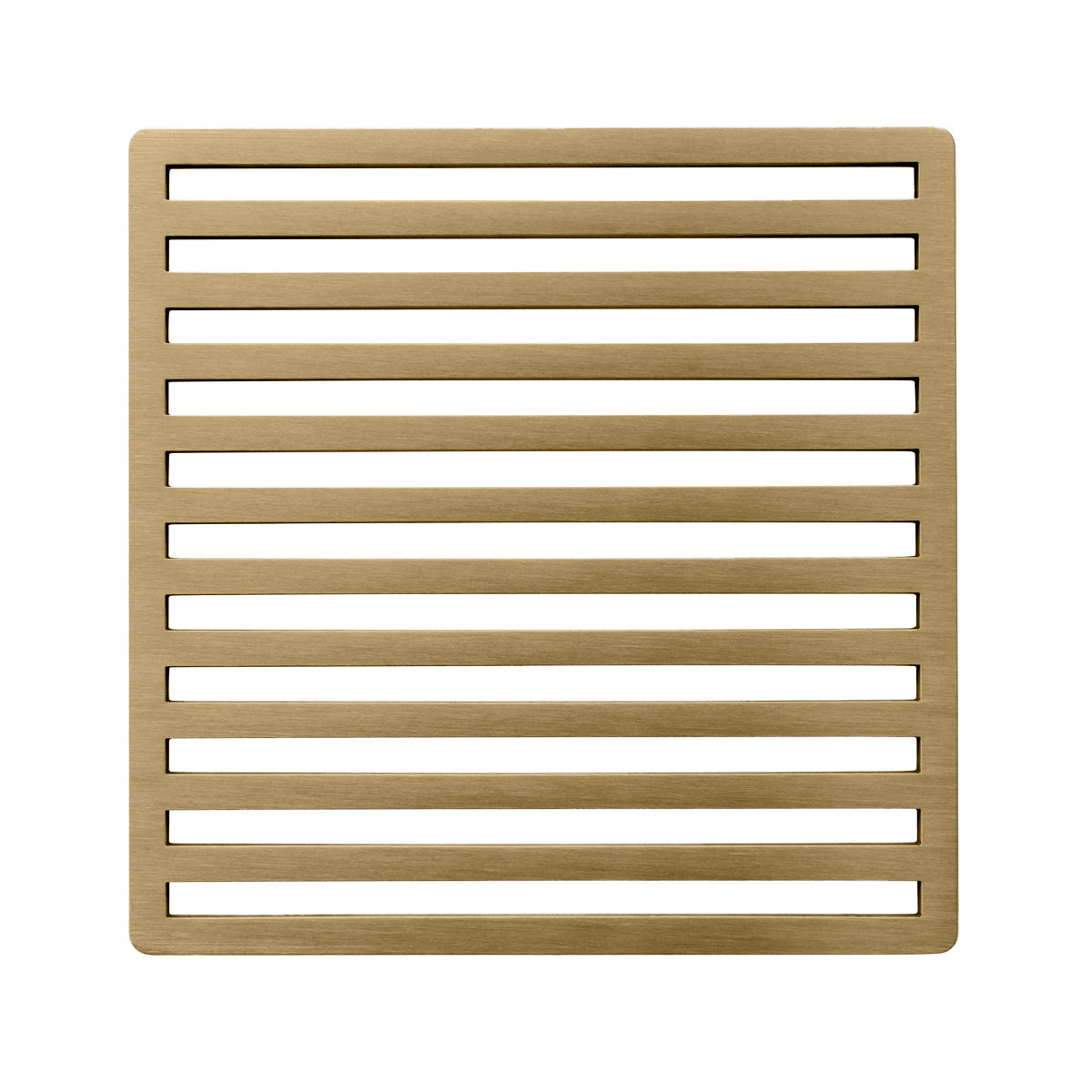 Square satin bronze drain cover with horizontal slot pattern and rounded corners.