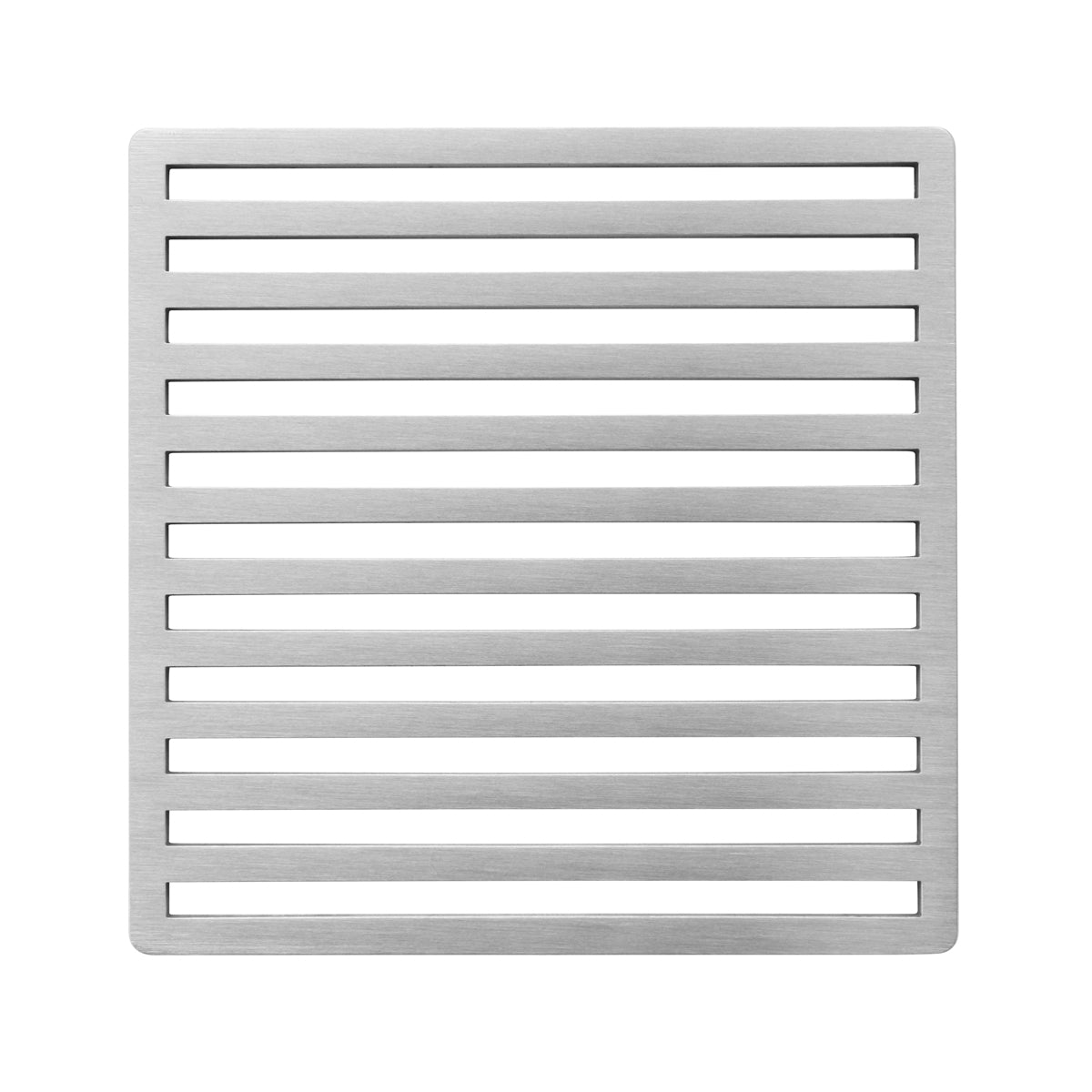 Square satin stainless steel drain cover with horizontal slot pattern and rounded corners.