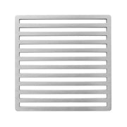 Square satin stainless steel drain cover with horizontal slot pattern and rounded corners.